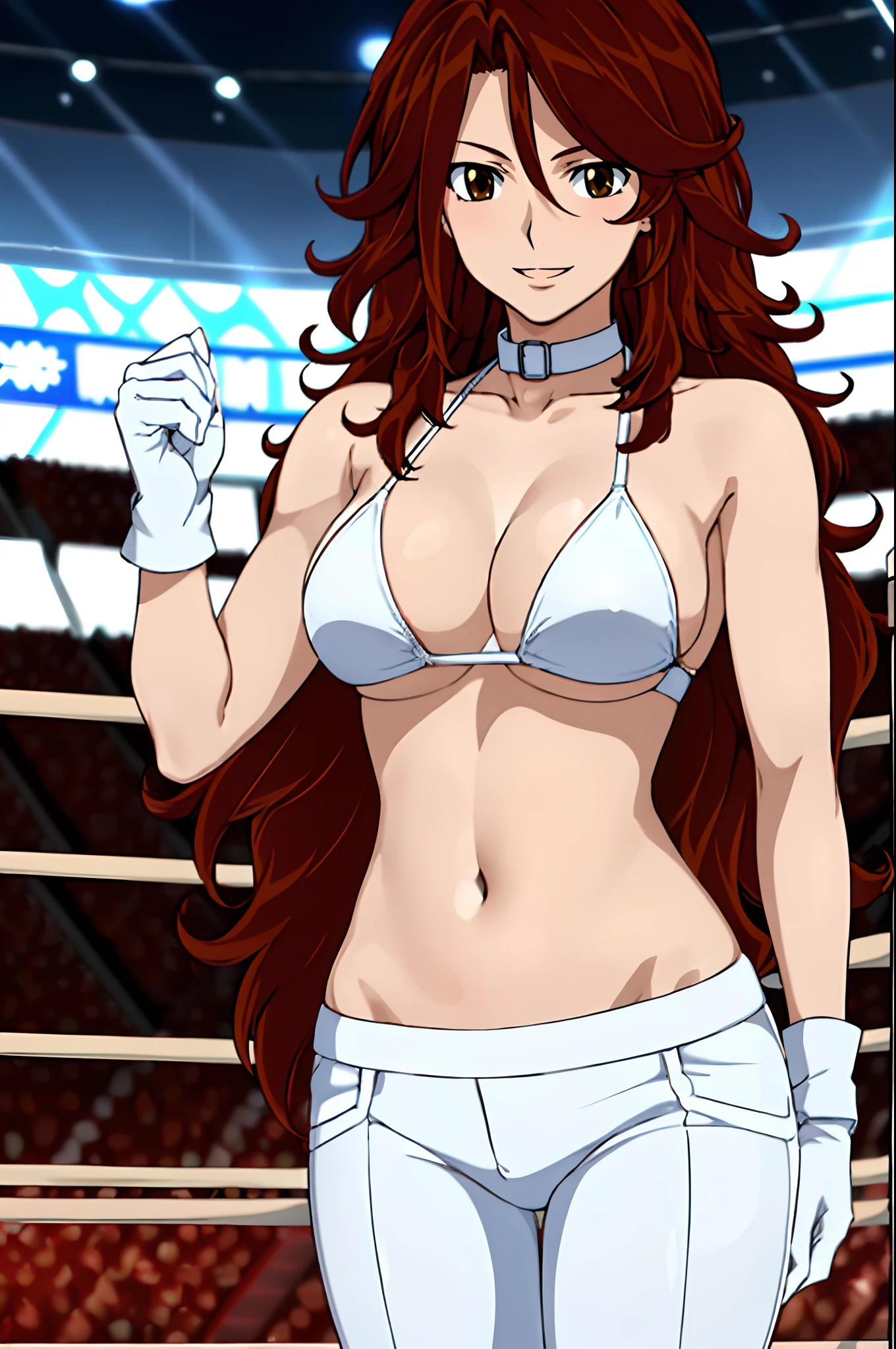 hug, Elegant lady, (upper body view), anime style: 1.8, anime drawing, ultra detailed face, ultra detailed body, 4k, Sumergai Lee Noriega, (standing), best quality, anime style, hires, highest definition, digital blending, bold drawing lines, ((wwe diva), (location: wrestling arena, crowds watching), ( slim body, (little biceps), , off-shoulders, closed fists, (curvy: 2.8)), ((white bikini, torn pants,, white gloves, collar, elbow protector)), victorious, winner, gentle, (pale skin, shiny skin, very big breasts, smile), (big eyes, brown eyes), (clapping), (brown hair, loose hair, curly hair, wavy hair, long hair, missy hair), 27 years old,