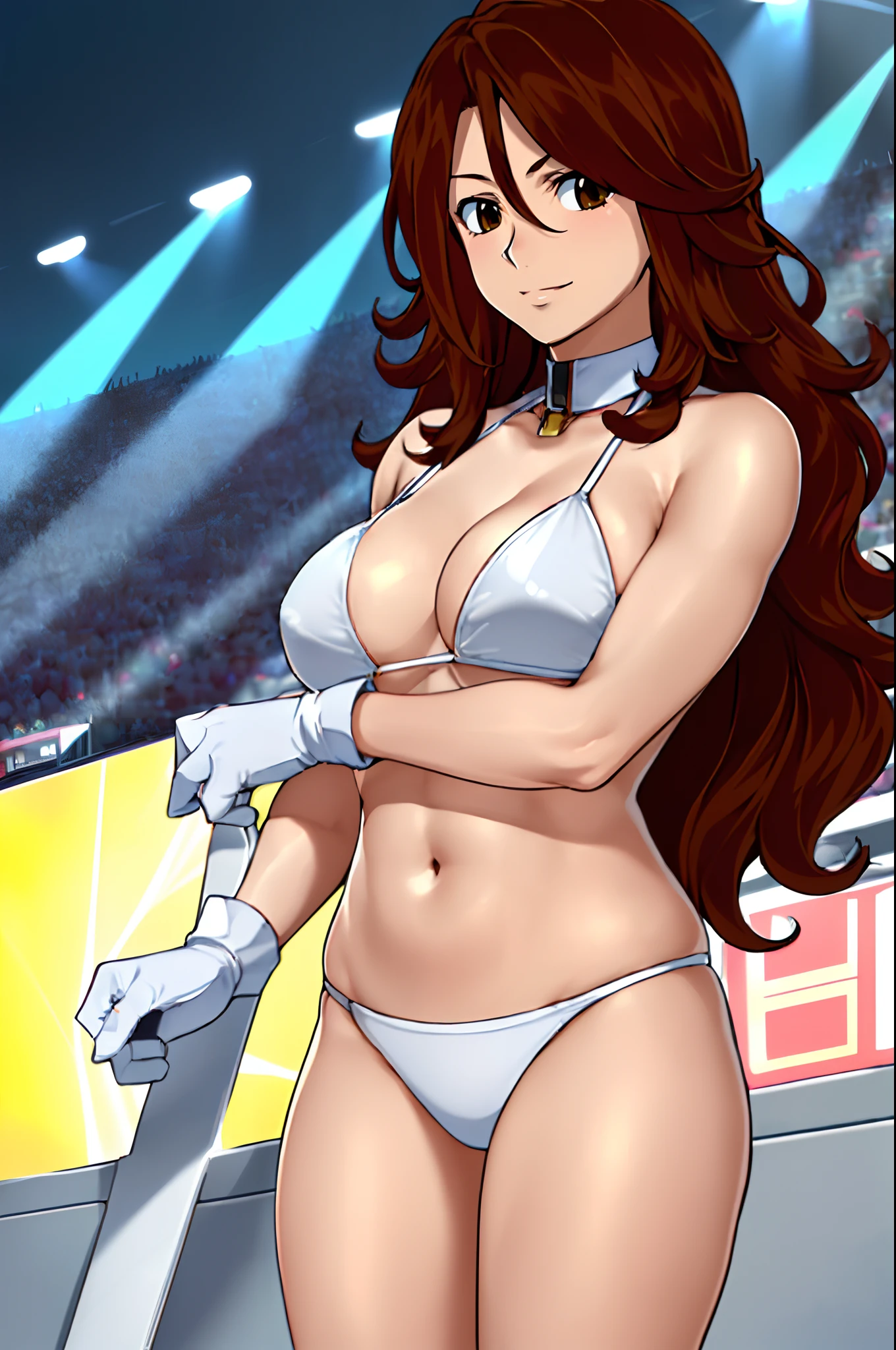 curvy belly, titration screen,, Elegant lady, (upper body only), anime style: 1.8, anime drawing, ultra detailed face, ultra detailed body, 4k, Sumergai Lee Noriega, (standing), best quality, anime style, hires, highest definition, digital blending, bold drawing lines, ((wwe diva), (location: wrestling arena, crowds watching), ( big shoulders, slim body, (wrestler body, thick arms, detailed biceps), , broad shoulders, closed fists, (very curvy: 2.8)), ((white bikini, only, white gloves, collar, (arm band, sleeves), (champion belt on bare belly))), loser, defeated, sad, (pale skin, big breasts, smile), (big eyes, brown eyes), (clapping), ( brown hair, loose hair, curly hair, wavy hair, long hair, missy hair, shiny hair), 27 years old,