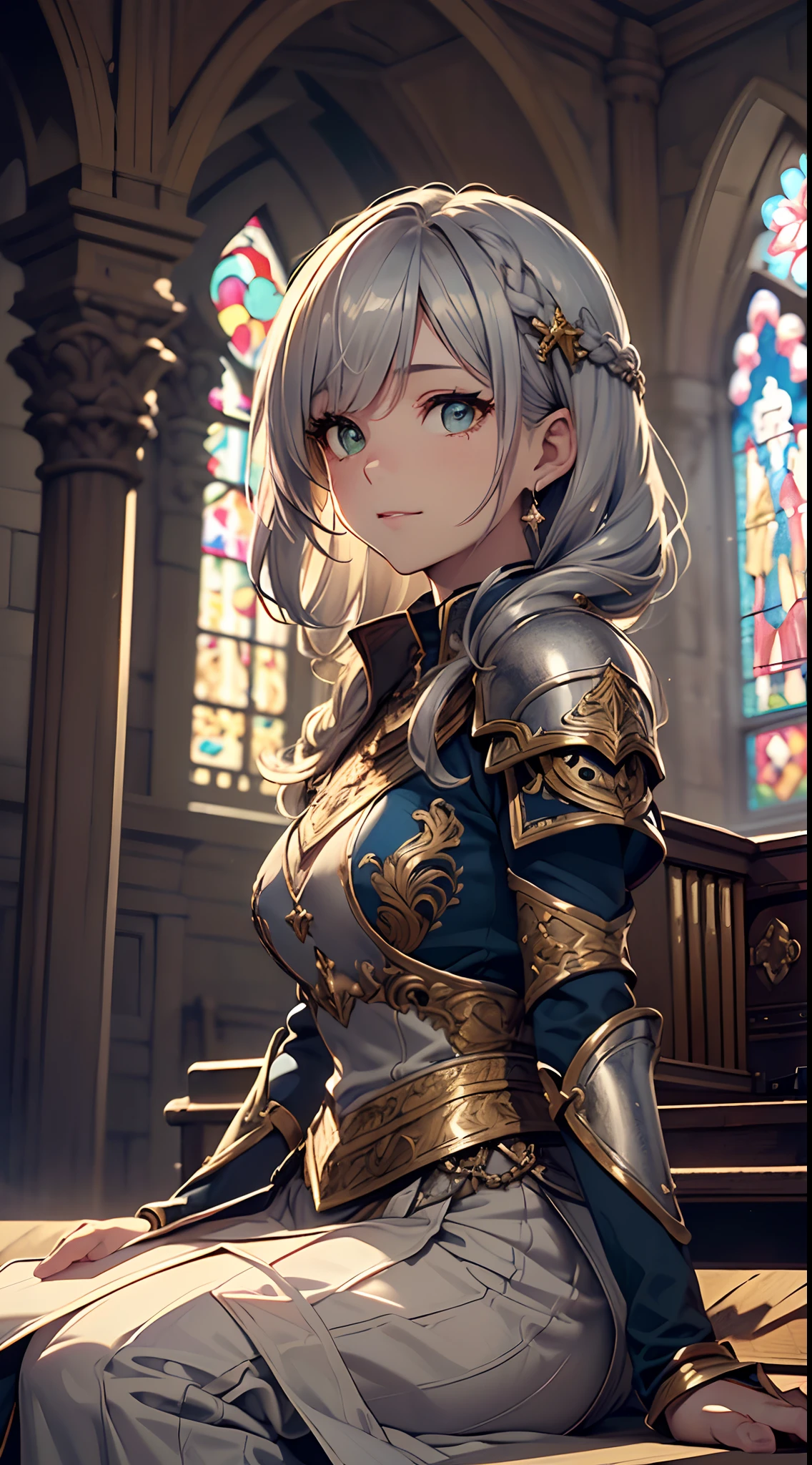 (Official art、Best Quality、Unity 8k Wallpapers、32K、masterpiece、ultra-detailliert、超A high resolution、realisitic、Photorealsitic、Very ridiculous:1.2)、(Cinematic lighting:1.2)、Fireglow effect、film grains、Best Shadows、sideshot、sideways Facing、Rim lighting、side lights、(Ultra-detailed and complex 3D rendering)、Detailed beautiful face and eyes、Sharp pupils、Realistic pupils、A slender、1Man Woman、Medium bust、(cowboy shot:1.2)、 beauitful face、16-year-old beautiful girl、(super detailed skin、detailed skin textures:1.3)、(silver blond、Blue-silver hair:1.3)、Paladin、Longhaire、Blunt bangs、Green eyes、3 braids in 1 bunch、(Blue Armor、Blue Boots、Blue helmet、Jeweled、Gold embroidery)、A slender、Maxi skirt、(thighs thighs thighs thighs:0.8)、(chies、in a house、Artistic stained glass、Large pipe organ、crosses、Hello Point、Mystical、a lot of feathers float、angelicales、Particles of light、solemnity、Sunlight is、colourfull、Fantastical:1.2)、(Fantastical:1.3)、(sideways Facing、Prayer、Otome sitting:1.4)、(Looking away、Looking Up:1.3)、Fantastical、Gentle smile