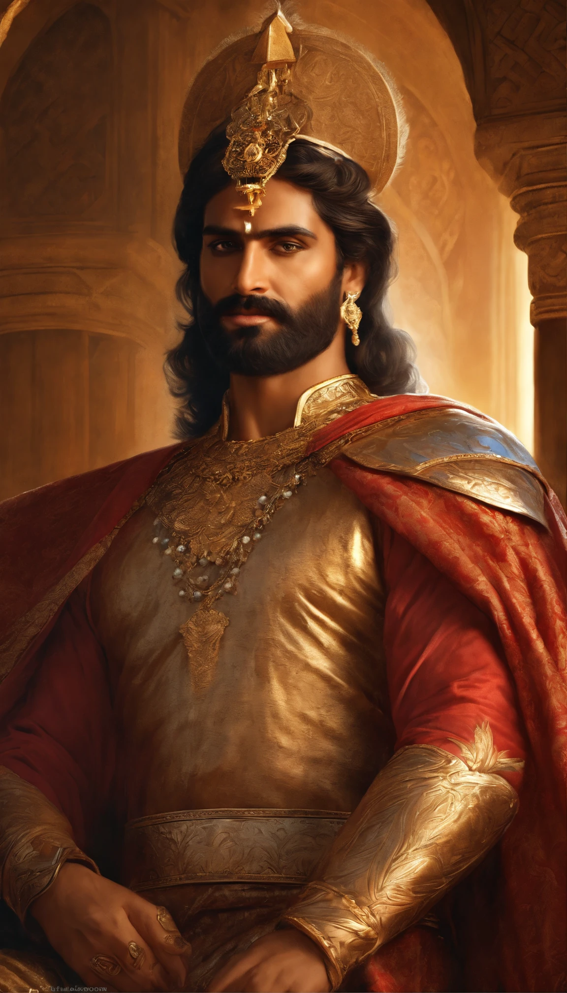(best quality,ultra-detailed,realistic:1.37),(portrait,Historic),(Arjuna),(adult),(intense gaze towards the viewer),(long beard and hair),(wearing armor),(bright and vibrant colors),(traditional ornament),(gold crown),(historic background),(inside a palace),(soft, warm lighting),(meticulously painted textures),(masterpieces:1.2),(fine brushstrokes),(expressive facial features),(subtle shadow and highlights),(exquisite attention to detail),(biblical character),(solemn and dignified),(majestic and powerful),(divine inspiration),(captivating and engaging),(mesmerizing and awe-inspiring)