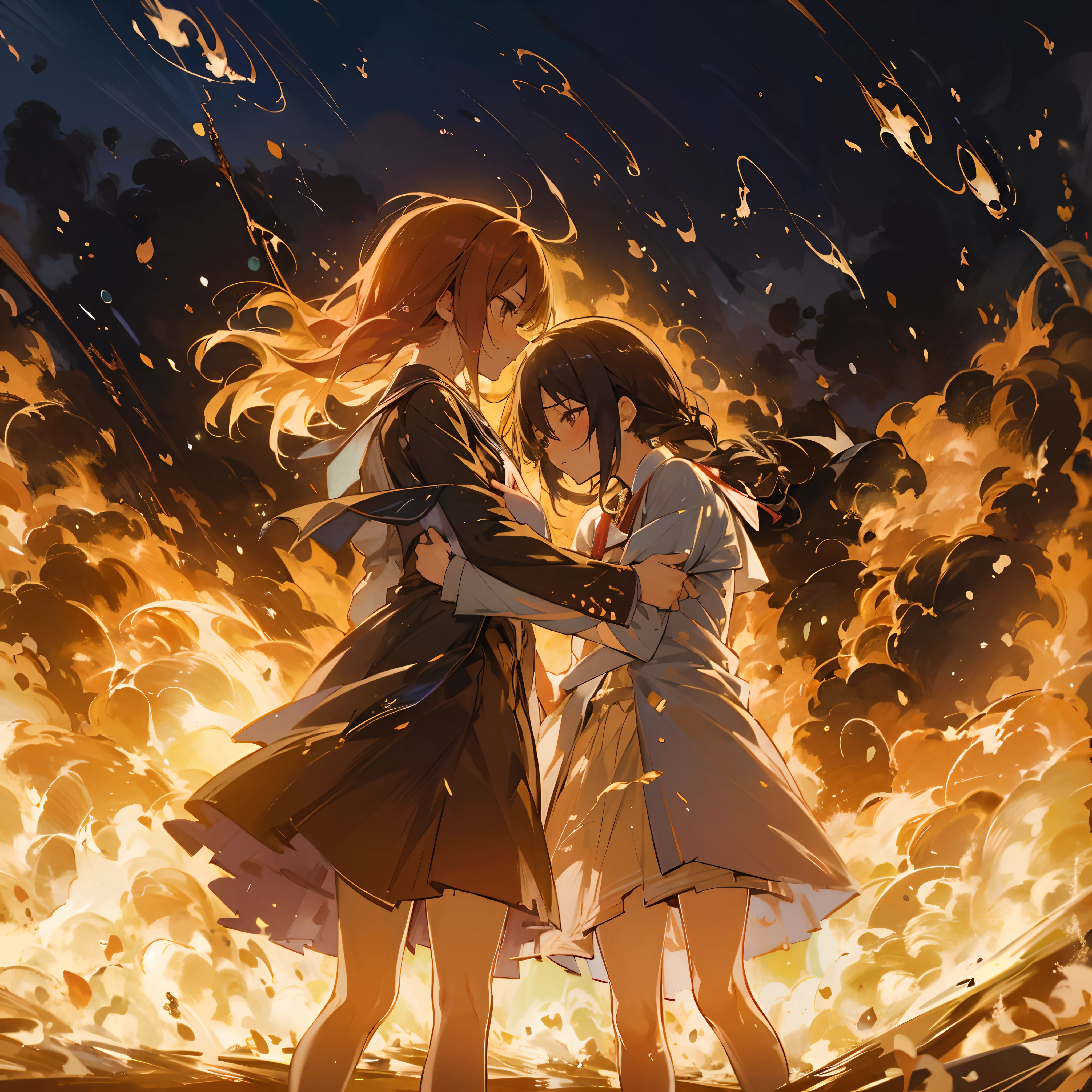 Japanimation, (((eroge))), 16k, absurd resolution, absurd detailed, (((masterpiece))), cinematic composition, delicate composition, dynamic angle, PTSD, Traumatic, Post Traumatic Stress Disorder, (yuri:1.2), (lesbian:1.2), (2 beautiful girls:1.2), fire, burning