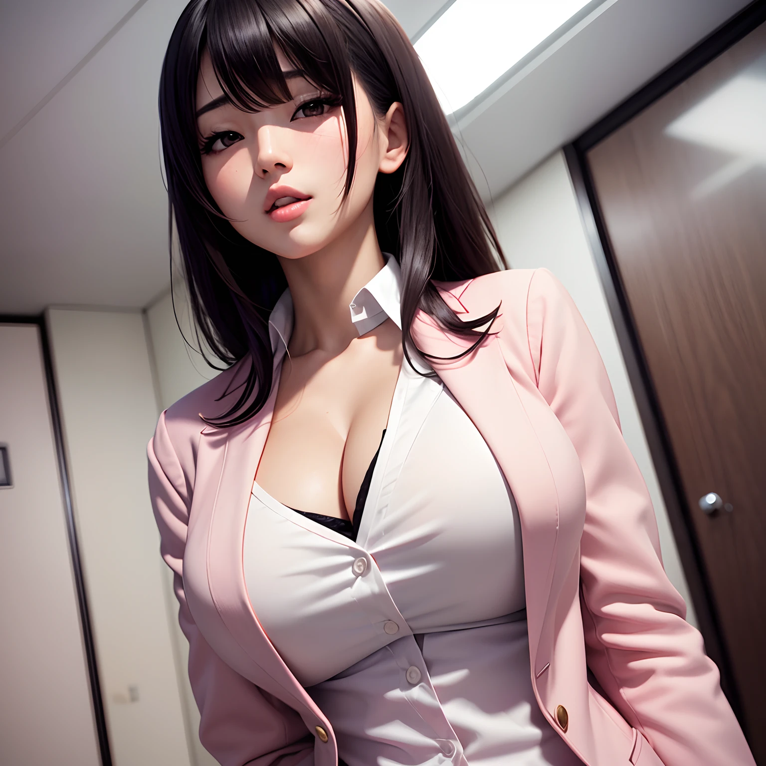 Japanese girl, large chest, professional clothes, business attire, ahegao face, medium length black hair, bangs, brown eyes, light pink lips, sharp chin, thin neck, hyper realism, realistic