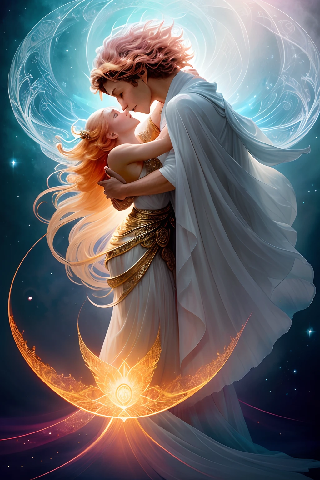 Na obra de arte divinamente equilibrada, An icon is split, Expondo um contraste marcante entre dois mundos. At the center of the composition, Dois anjos, um masculino e o outro feminino, Embrace in a celestial dance suspended in the air. The duality between these entities transcends the image itself.
O anjo masculino se encontra em um reino sombrio e infernal, Immersed in treacherous flames that dance with a mischievous ferocity. His figure is shrouded in a shroud of darkness, emanating a mysterious and menacing aura. Your presence radiates power, e autoridade, Like you're the guardian of the underworld.
No entanto, Ao lado dele, The feminine angel occupies an angelic space, onde a luz celestial banha sua forma delicada. She floats in a luminous paradise, where the landscape is a spectacle of indescribable beauty. Florescendo ao seu redor, Idyllic gardens and lush landscapes exude a sense of peace and serenity. She embodies grace and purity, Uma paisagem de beleza divina.
This extraordinary image is a tribute to the eternal duality of life, To the eternal struggle between light and shadow. Ela serve como um lembrete de que, even in the darkest situations, Hope and Beauty Can Blossom, and harmony is in the balance of all things. Uma arte de boa qualidade encapsula essa dualidade de maneira impressionante, Dividing the screen into two icons that represent the extremes of existence, mas que juntos, Create an image of undeniable splendor.