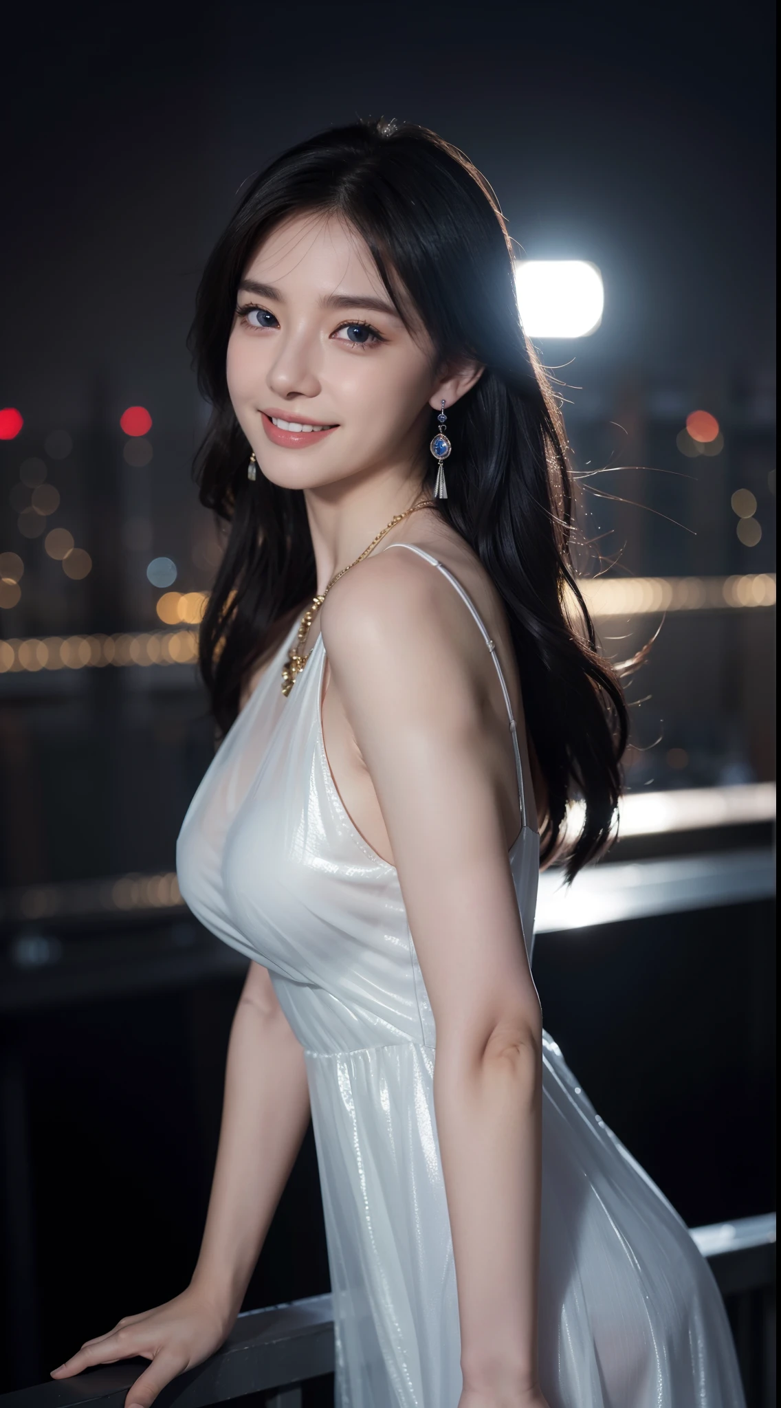 (8k, highest quality, masterpiece: 1.2), (realistic, photorealistic: 1.37), Super detailed, single girl, cute, alone, midnight, beautiful and detailed sky, night view、(smile: 1.15), breasts are normal size), beautiful small eyes, Floating hair NovaFrogStyle, evening dress、High resolution、high resolution、realistic、realistic skin texture