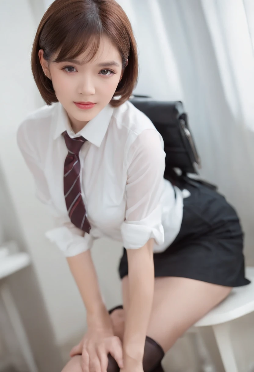 Korean school uniform，Summer uniform shirt，Ribbon Ties，a skirt，School Classroom，school stairs，Chest thrust pose，8K RAW photos，A high resolution，17-year-old South Korean，very large round breasts，，beautiful eyes in detail，long eyelasher，beautiful double eyelid，eye shadows，eyes liner，Elongated eyes，Elongated eye shape，Sanpaku eyes，evilsmile，Evil expression，Beautiful and very thin legs， Beautiful and very thin thighs，Random short hair，hair tied behind the head，耳Nipple Ring，Bright blonde hair，Have sex with men，with no underpants，blacksilk