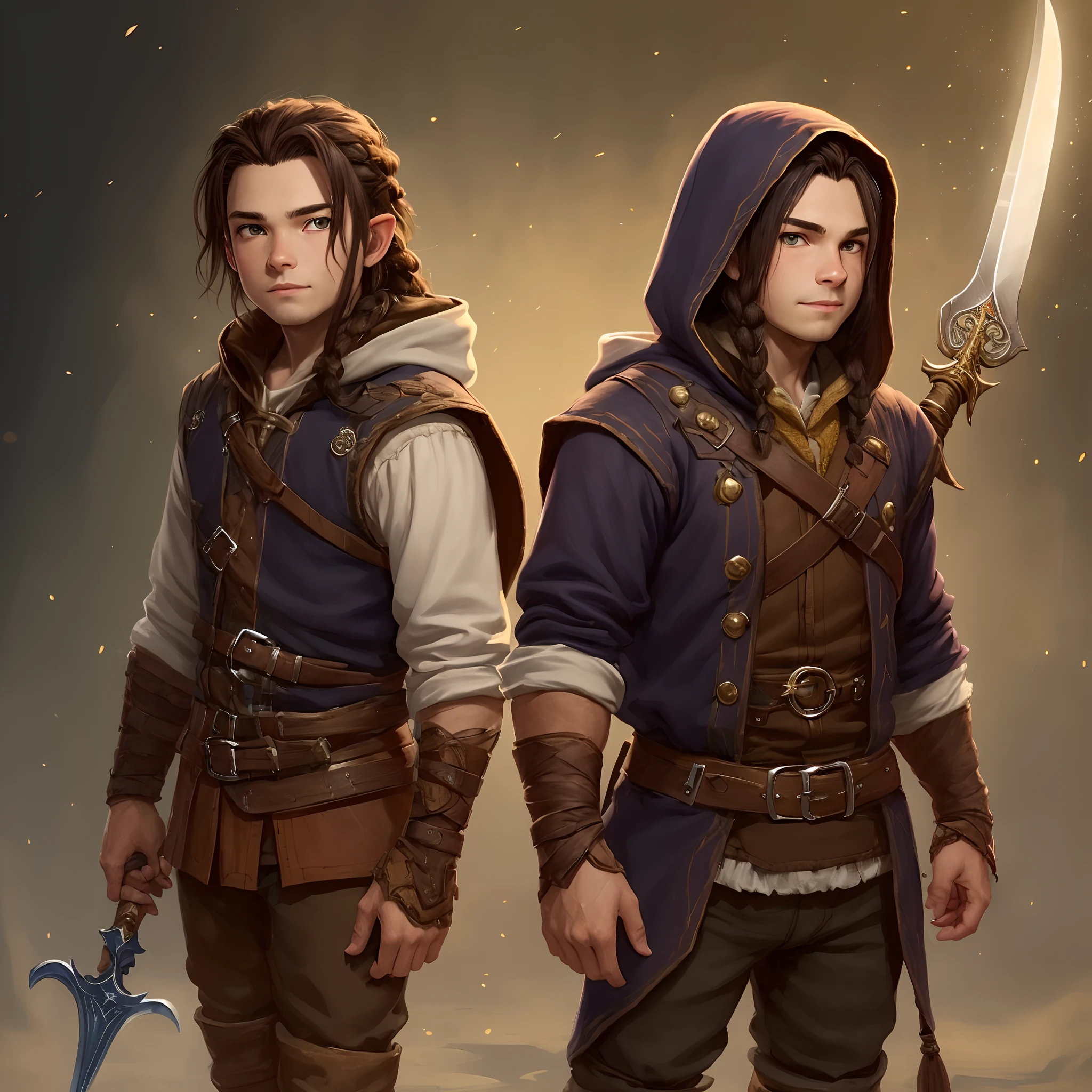 Halfling male with long dark brown hair and a braid with a hood and a dagger