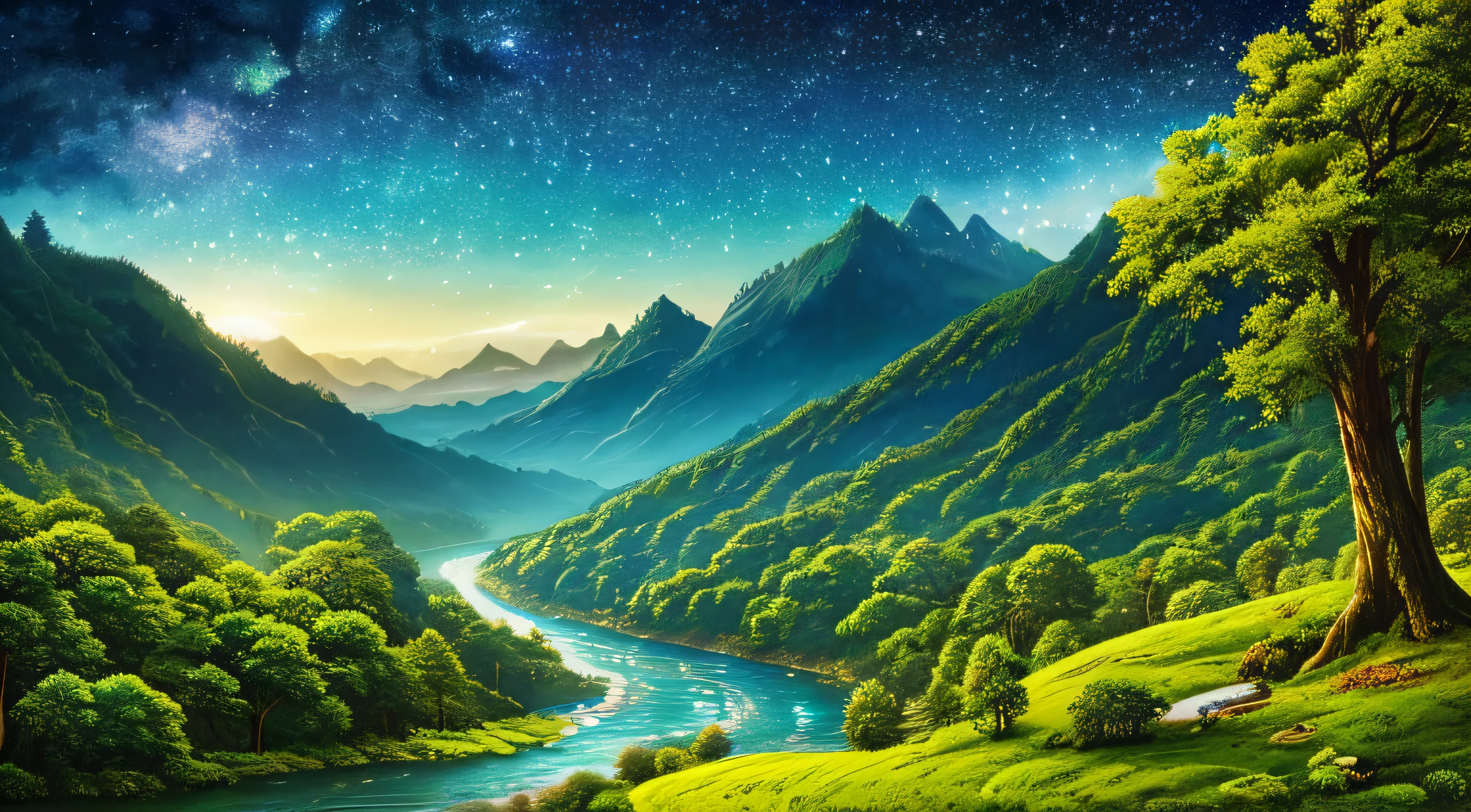 Illustration of a hyperrealistic , otherworldly, ultrasky scene featuring a Luscious green valley with a river and magical forests , intricate forest details, vegetation and river around, starry sky, landscape, giant tree, beatifull leafy with beautiful lighting and realistic proportions, as if it were a cinematic background, 8k, highest quality, masterpiece, clouds and stars in the sky.