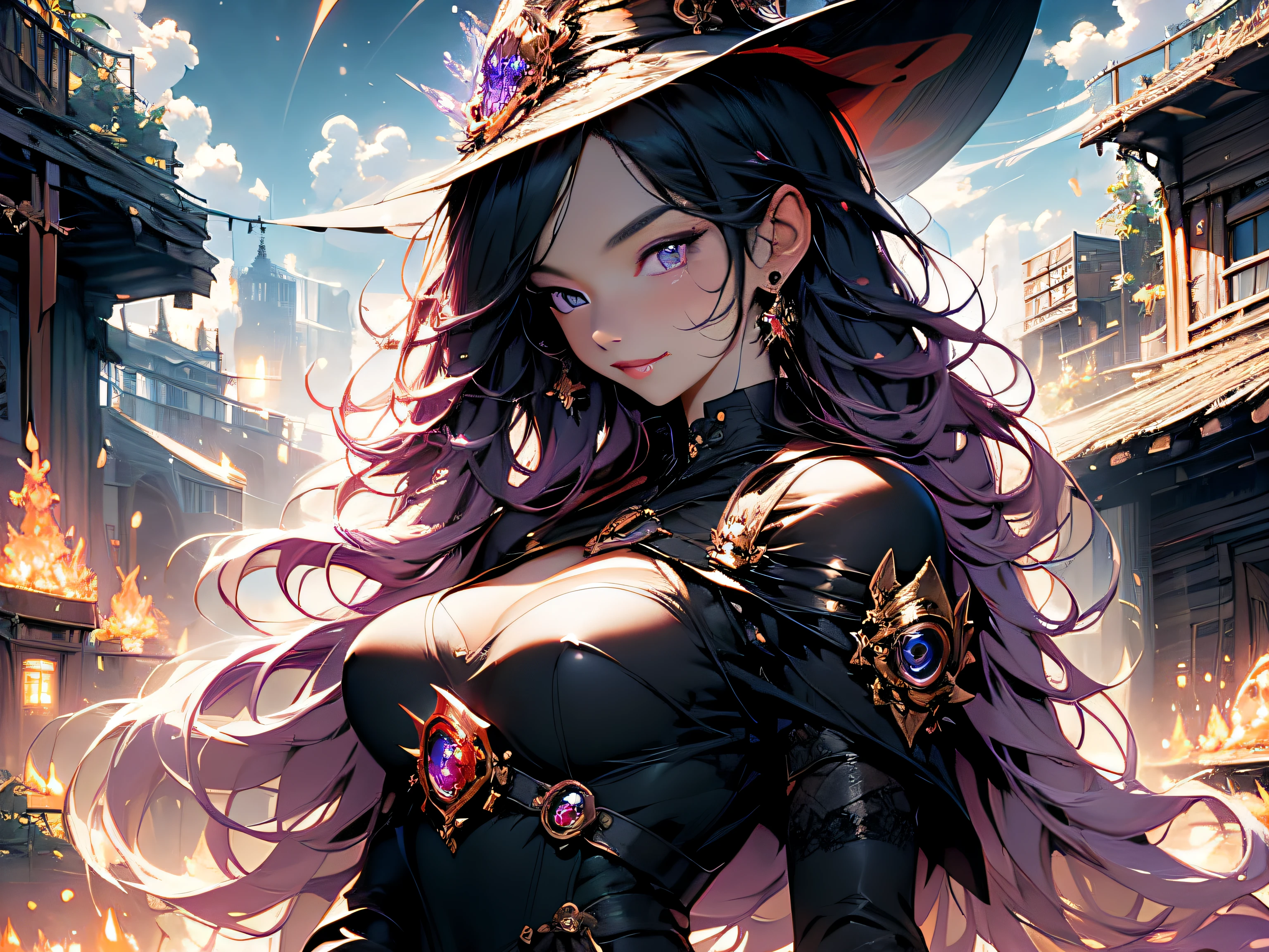 ((masterpiece)), one girl, HDR, Hi Res, a beautiful smiling mage engulfed in purple flames with long black hair and purple eyes, red lipstick, a very detailed black dress with delicate ornaments, perfect face, perfect arms, perfect hands, magic flames everywhere