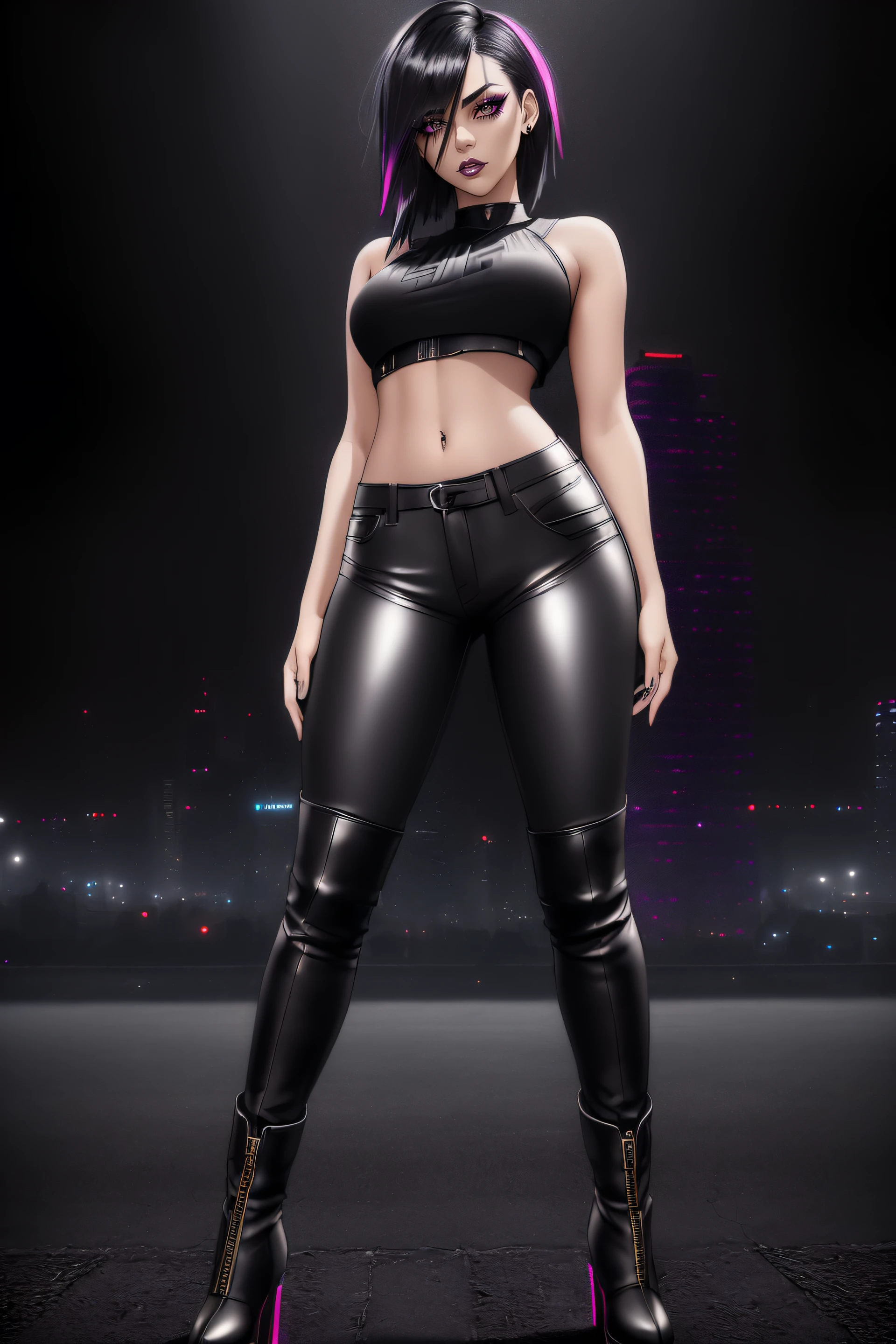 beautiful girl, ((standing:1.4)), (confident gaze:1.1), full body, short bright neon streaked black hair, ((seductive pose:1.2)), black eyeshadow, (street style wear:1.2), ((tight fitted pants)), ((knee high leather boots)), (dark city night black background:1.4), dark makeup, digital art, trending on artstation, highly detailed, fine detail, intricate, detailed facial features, sharp focus, smooth, aesthetic,