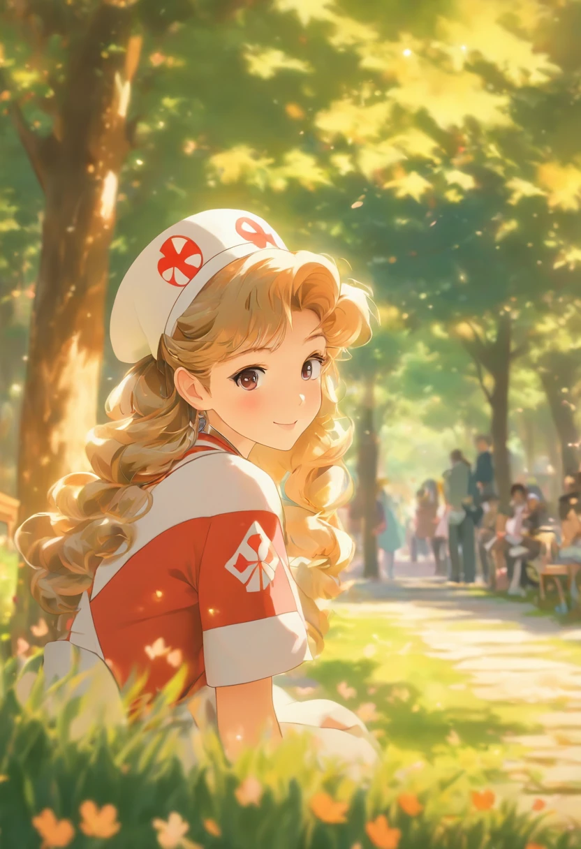(best quality,masterpiece,ultra high resolution:1.2),(realisticity:1.4),original photo,1girl,conservatively dressed,nurse's wear,film lighting,big breasts,cover chest,warm color tone,soft lighting,detailed eyes and face,sweet smile,peaceful expression,sitting on a bench in the park,green grass and colorful flowers around,soft sunlight filtering through the leaves,people walking in the background,carefully painted shadows and highlights,pastel colors,subtle textures,gentle brushstrokes,vivid colors,meticulous attention to detail,warm and inviting atmosphere,dappled light and shade,peaceful and serene ambiance.