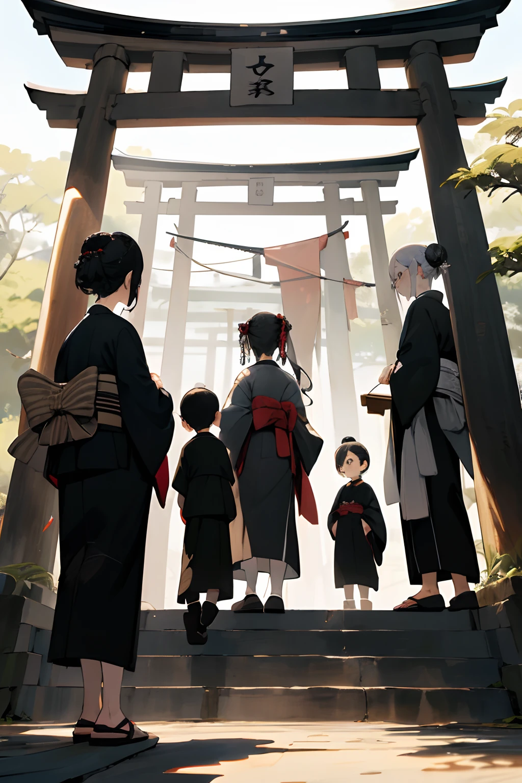 ((obra-prima, melhor qualidade)),family, Mother, ((3 girls)), ((6 boys)), kimono preto, legwear preto, fita preta, cabelo preto, flores de cerejeira, dia, flor, coque de cabelo, fita de cabelo, roupas japonesas, quimono, cabelo longo, olhando para o espectador, looking behind , several girls, Obi, Ao ar livre, olhos vermelhos, , fita, sandals, single hair bun, escadas, standingn, estatua, Torii, tree, quimono branco, olhos amarelos, sentados na escada, cabelos brancos