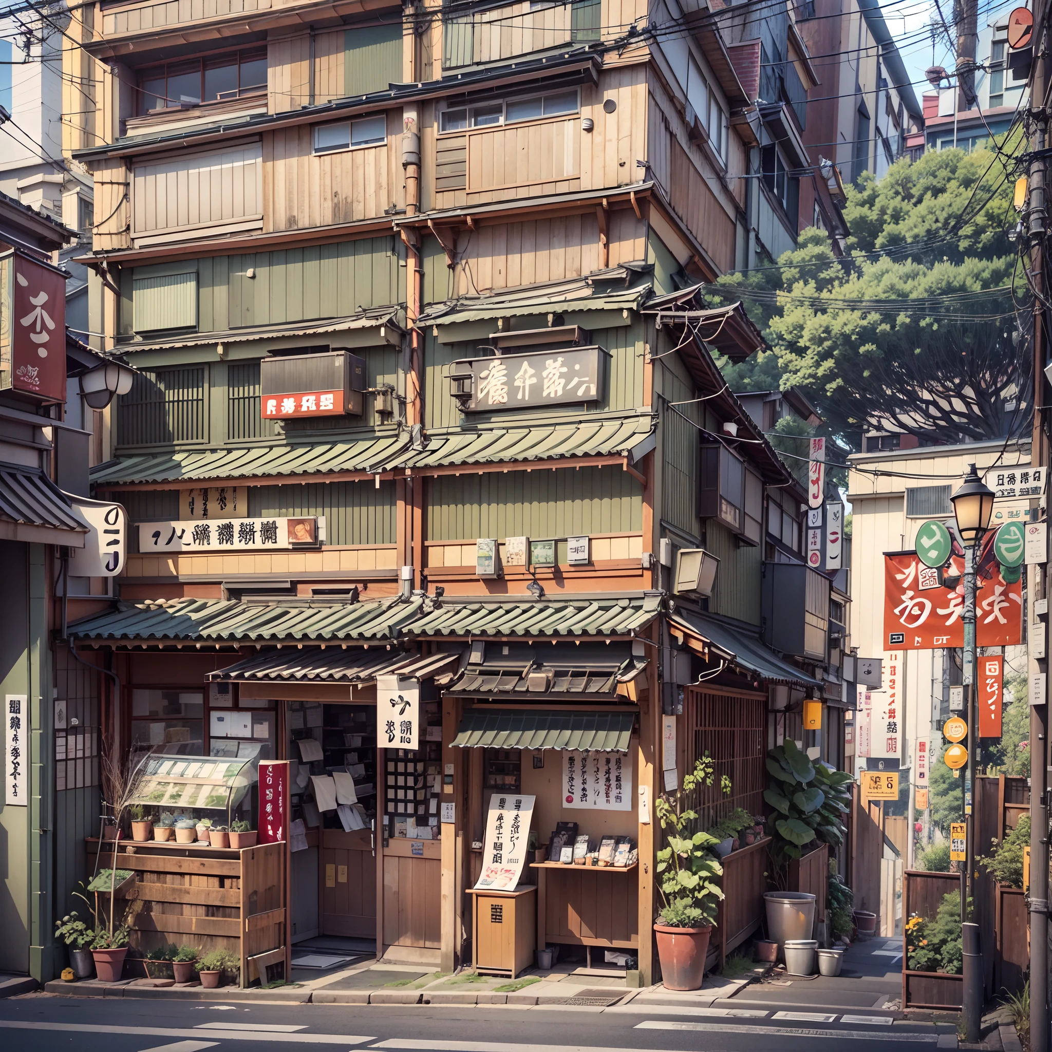 anime background, anime wallpaper, anime, anime style, anime aesthetic, compact urban japanese alley, modern japanese coffee shop, golden lighting coming out of coffee shop window, narrow pathway, plant pots, trees, rocks, trash cans, gutters, pipes, telephone wires, air vents, air ventilation systems, japanese banners, japanese shop signs, japanese billboard, no one in sight, no people, empty street, (no one: 1), best quality, mid day, modern japan architecture, tokyo,
