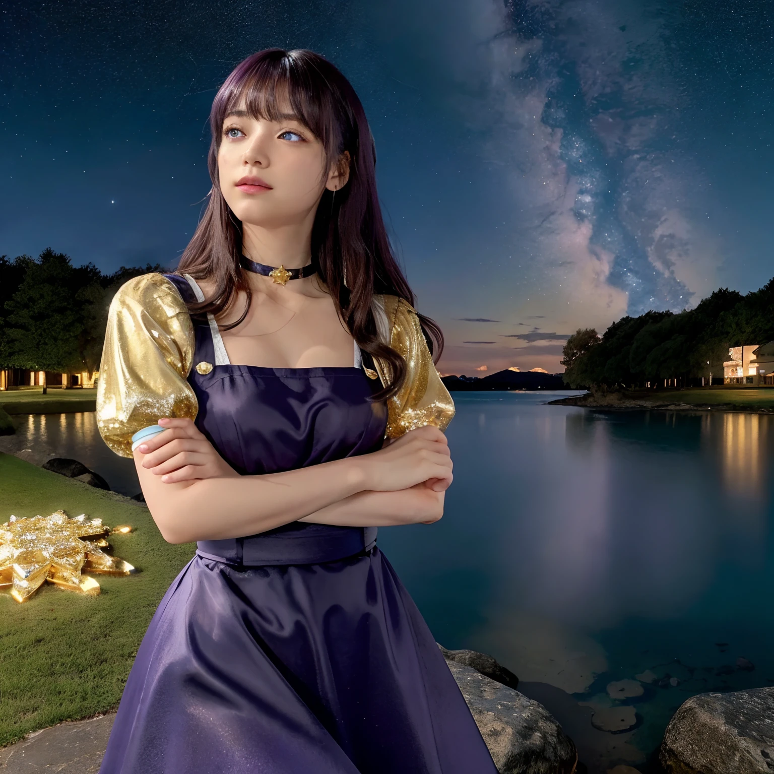 girl, It's in the corner, Looking at the sky, Solo, Mona (GenshinImpact), Choker, hair between eye, Star (symbol), Long hair, Dark purple hair, Twin-tailed, Blue eyes, Shining eyes, Jewelry, Witch, maid, Bangs, purple black dress, Purple skirt, White Apron, landscape, nigh sky, Star (skyporn), Starry sky, Night, plein air, Clouds, reflection, Water, Magic, tarot, water magic, ((Beautiful Golden Crystal Star)), spaces, Water droplets, Splash