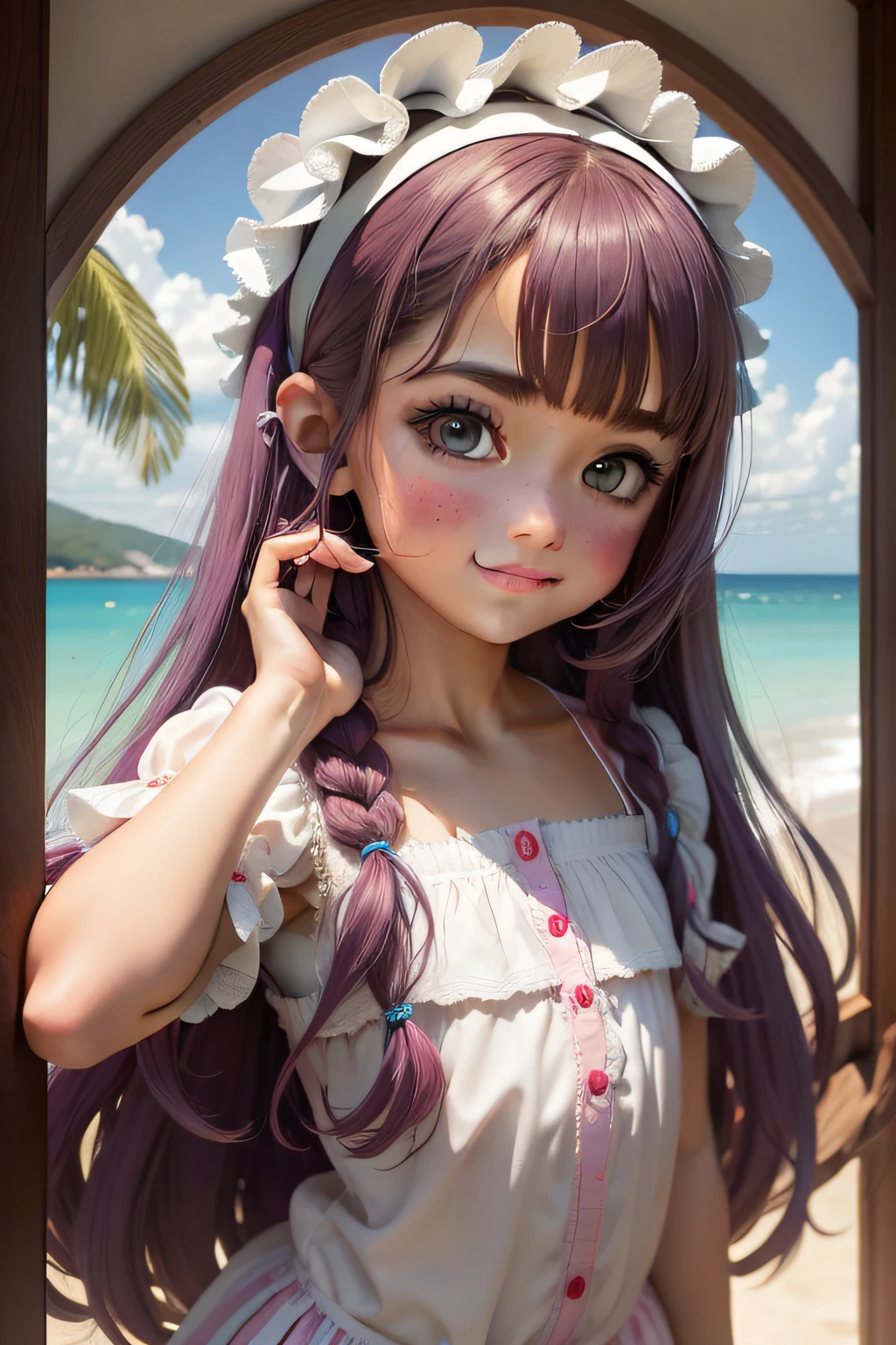 ((Masterpiece)), ((best quality)), (Professional Photography:1.2), okinawa, tropical country, asian, girl, smile, camisole, (Glossy skin), no bra, (highest_detailed:1.3), Jerry Pinkney, Quentin Blake, blooming Hibiscus, botanical pattern