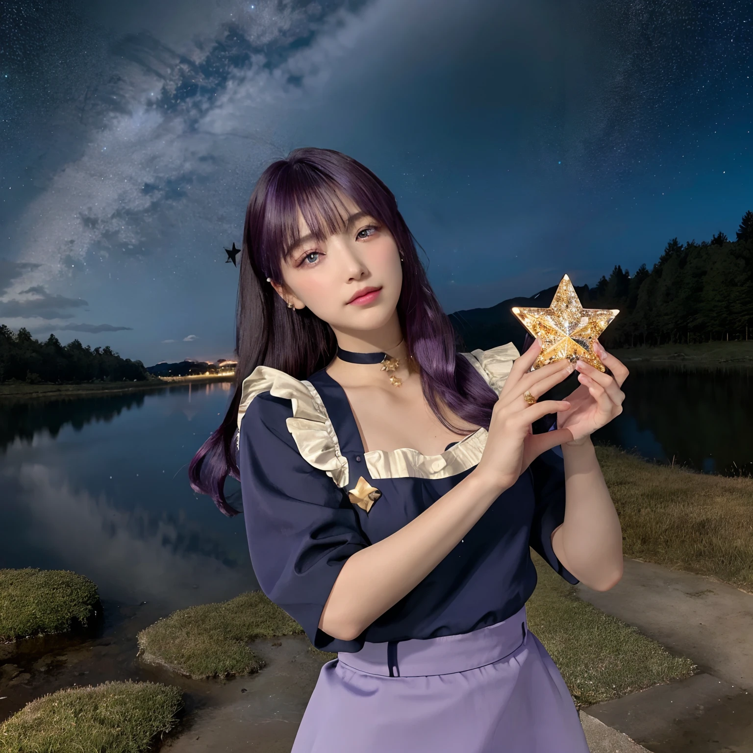 girl, It's in the corner, Looking at the sky, Solo, Mona (GenshinImpact), Choker, hair between eye, Star (symbol), Long hair, Dark purple hair, Twin-tailed, Blue eyes, Shining eyes, Jewelry, Witch, maid, Bangs, purple black dress, Purple skirt, White Apron, landscape, nigh sky, Star (skyporn), Starry sky, Night, plein air, Clouds, reflection, Water, Magic, tarot, water magic, ((Beautiful Golden Crystal Star)), spaces, Water droplets, Splash