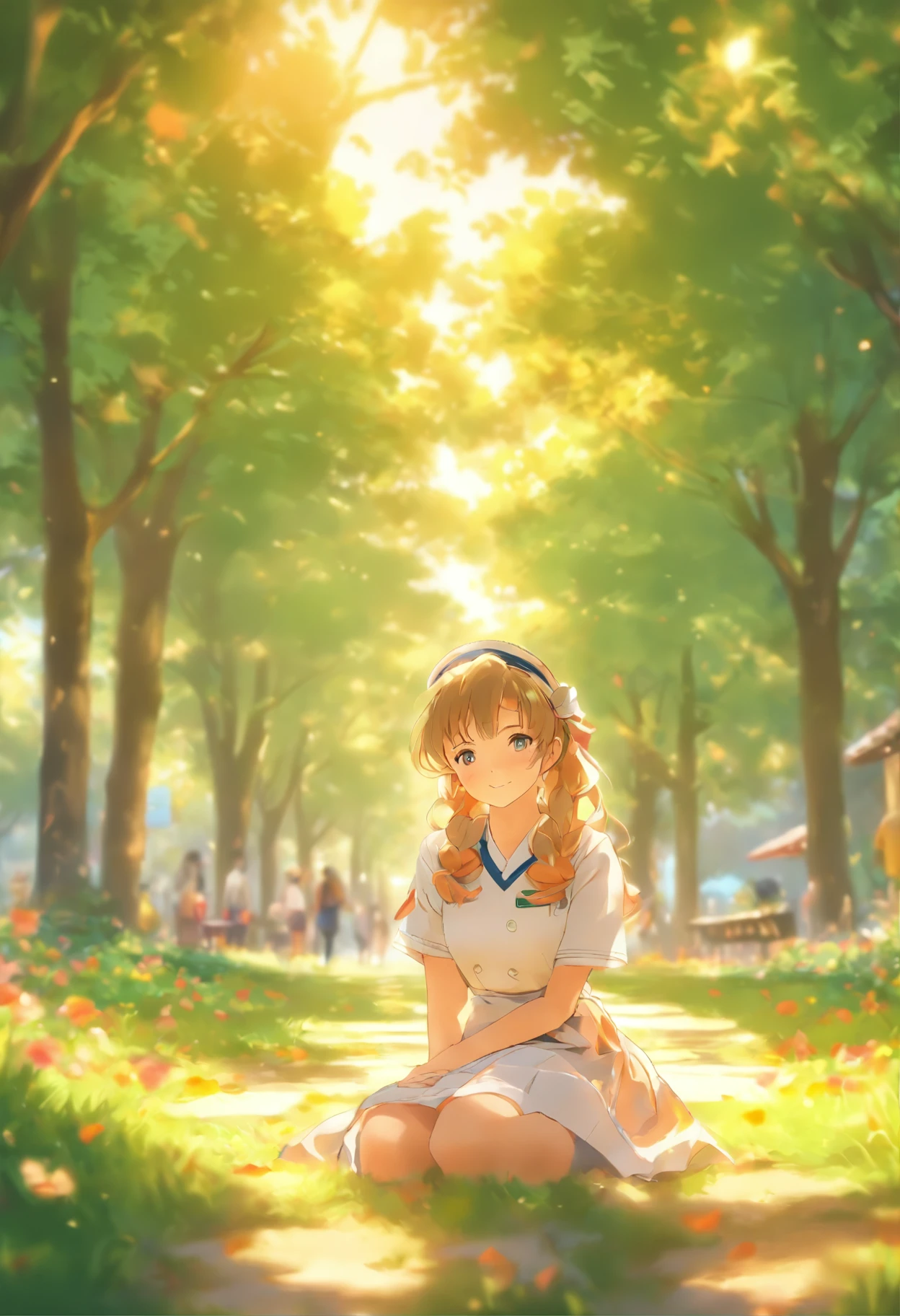 (best quality,masterpiece,ultra high resolution:1.2),(realisticity:1.4),original photo,1girl,conservatively dressed,nurse's wear,film lighting,big breasts,cover chest,warm color tone,soft lighting,detailed eyes and face,sweet smile,peaceful expression,sitting on a bench in the park,green grass and colorful flowers around,soft sunlight filtering through the leaves,people walking in the background,carefully painted shadows and highlights,pastel colors,subtle textures,gentle brushstrokes,vivid colors,meticulous attention to detail,warm and inviting atmosphere,dappled light and shade,peaceful and serene ambiance.