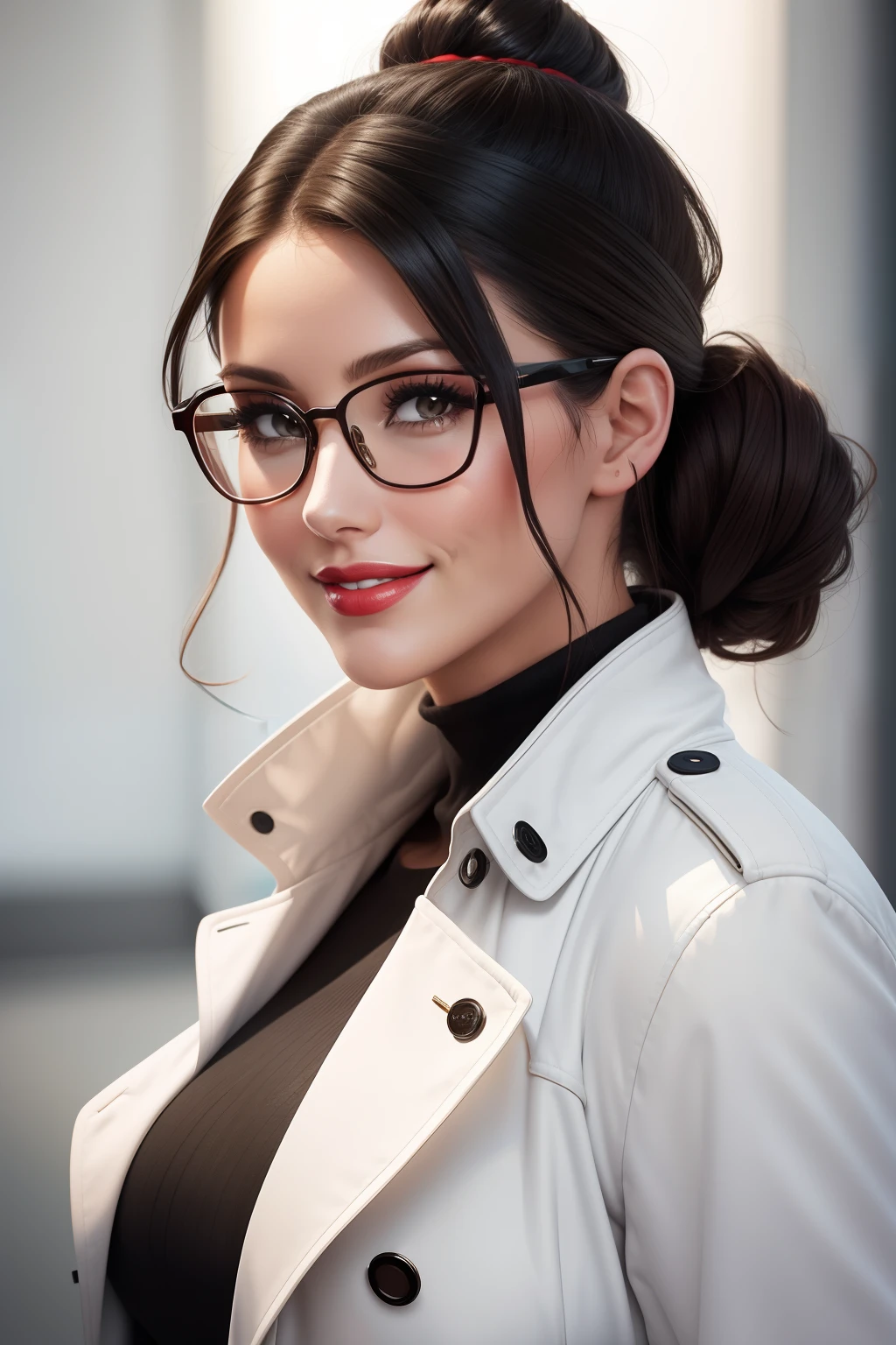 Lucy Pinder, Face Portrait, face, red lipstick, smiling, glasses, black hair, hair tied in a chignon, white trench coat.