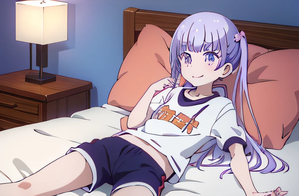 ((masutepiece)), ((Best Quality)), (Ultra-detailed), Anime style, on the bed, Cute girl s, 1girl in, Solo, Gym Shorts 00, ((Beautiful eyes))0, Smile