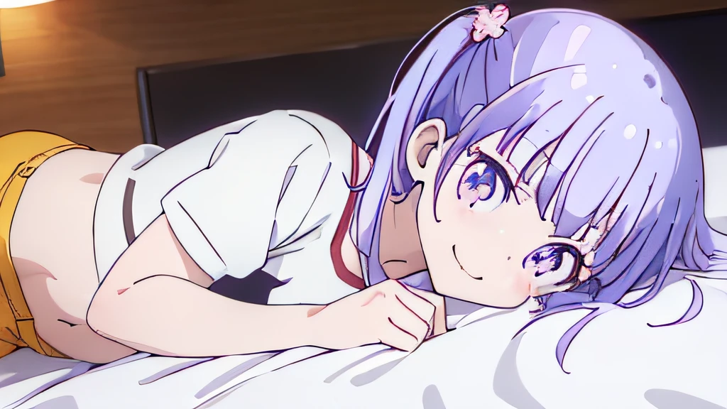 ((masutepiece)), ((Best Quality)), (Ultra-detailed), Anime style, on the bed, Cute *********** s, 1girl in, Solo, Gym Shorts 00, ((Beautiful eyes))0, Smile