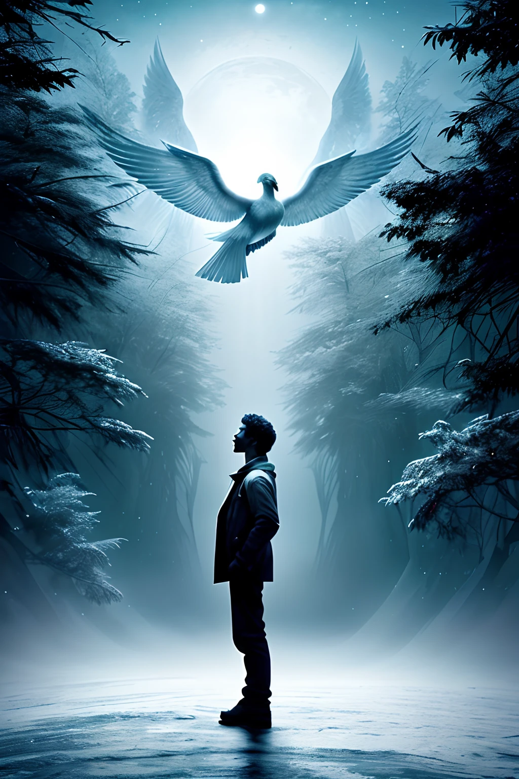 imagem de um .anjo masculino suspenso no ar no. fundo da imagem uma paisagem infernal