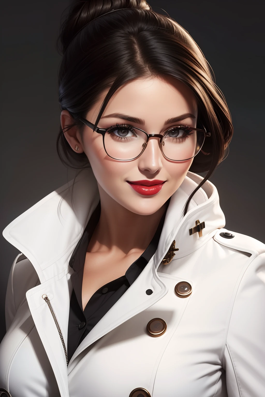 Lucy Pinder, Face Portrait, face, red lipstick, smiling, glasses, black hair, hair tied in a chignon, white trench coat.