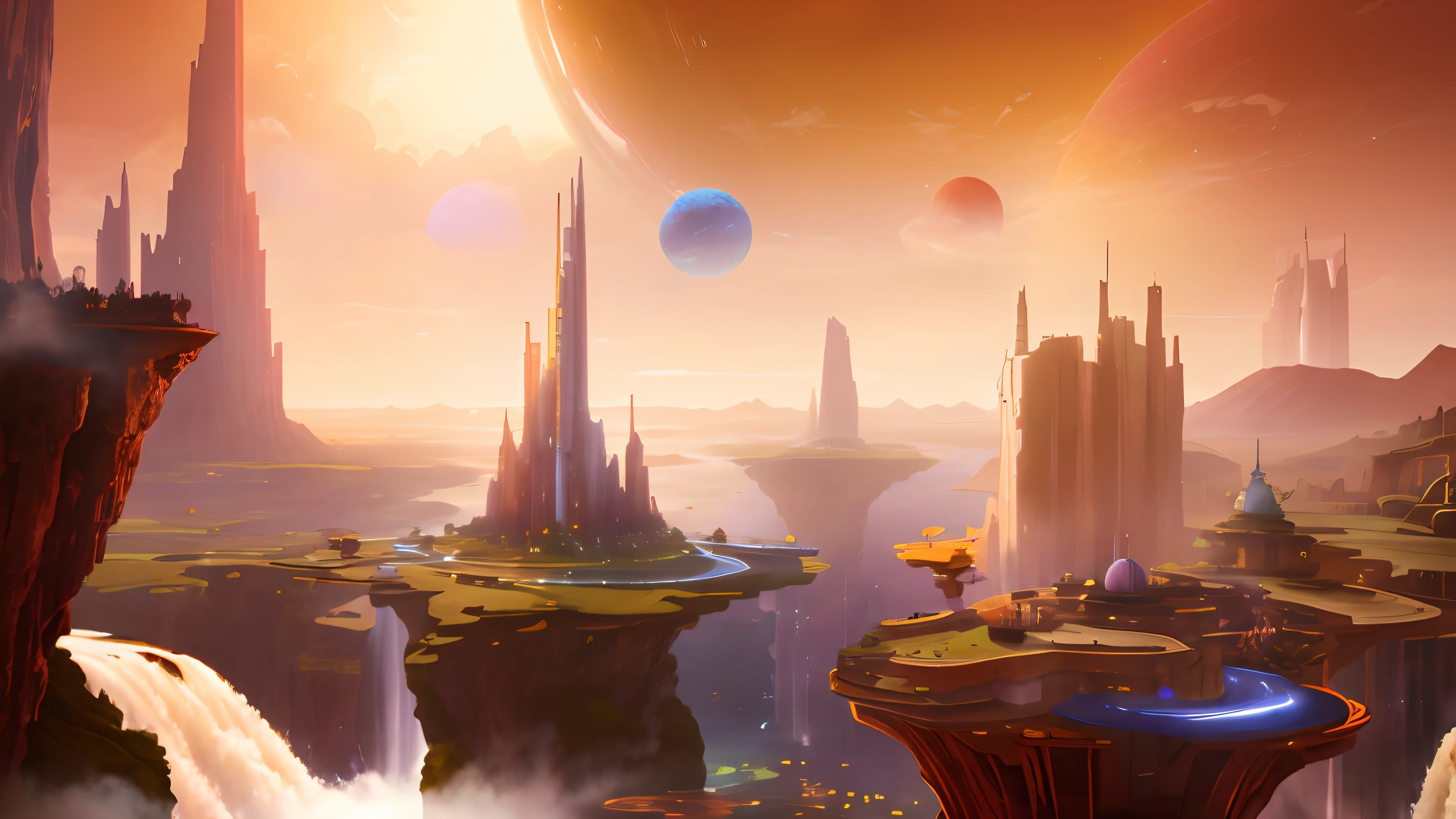 Masterpiece, best quality, very beautiful sky with different colored and size planets spinning in it, very detailed floating islands with shiny skyscrapers on them, waterfalls are on the background
