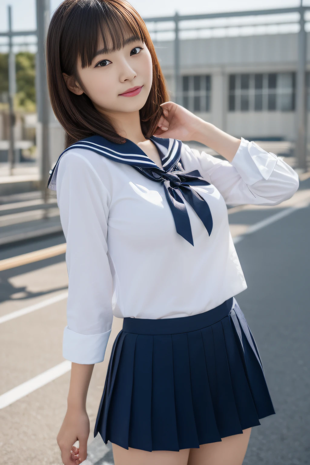 (Best Quality,8K,High resolution:1.2),(Beautiful Realistic Asians:1.6)、(cute Japanese girls:1.4),(Huge breasts:1.25),(Glamorous Body),(School uniform,serafuku,Pleated skirt,Sailor collar,white  shirt:1.2)、Professional、