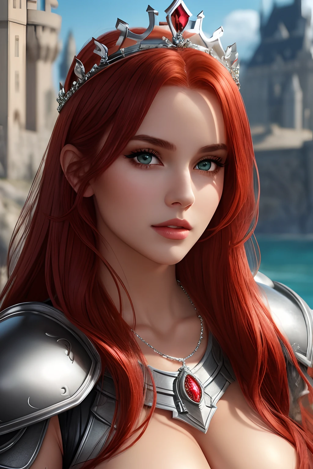 a sexy beautiful model with green eyes, red straight shiny hair, 50mm portrait , glamour, soft curves, full wet lips, big boobs, perfect eyes, perfect face, big eyes, wear a silver chest plate and full armor,
grassfield scenario, sfw, non-nudity, 4k, detailed, ultra detailed, 8k, awesome, gorgeous, she wear a necklace, wear a crown made of silver, cover all body, she's is a queen, have a castle in the background,
she's a beauty queen, red hair, ginger, red head,straight shiny hair, high quality model, high contrast detailed lips, 4k resolution, perfect pupils, insanely detailed faces, HD, beautiful realistic eyes, fantastic face,
perfect facial features, heavenly beautiful look, beautiful woman, amazing stunningly beautiful, most beautiful women ever