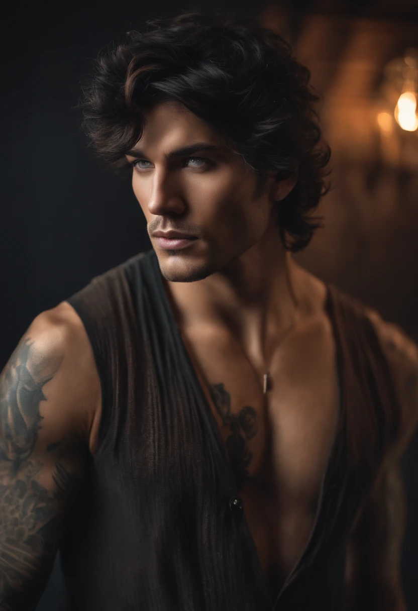 tall man with black shaggy hair, photo realistic, tattoos, piercings, messy eyeliner