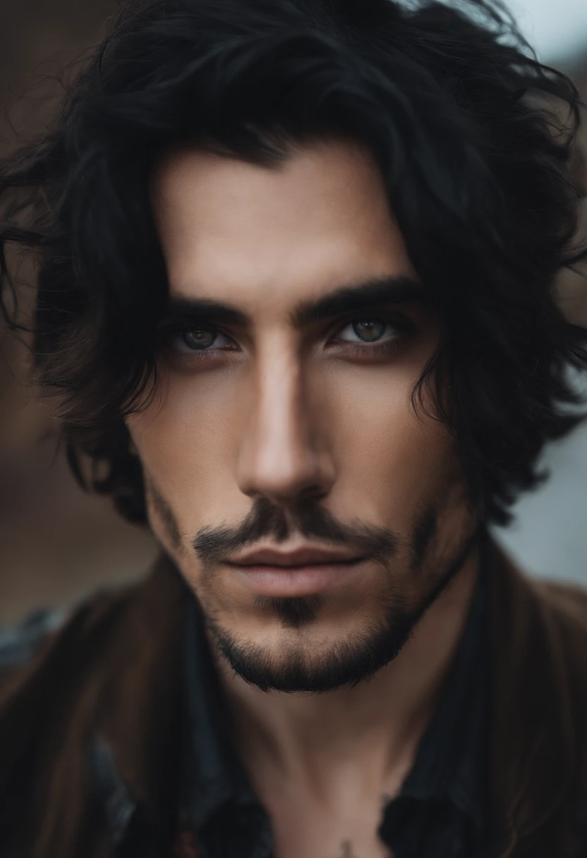 tall man with black shaggy hair, photo realistic, tattoos, piercings, messy eyeliner