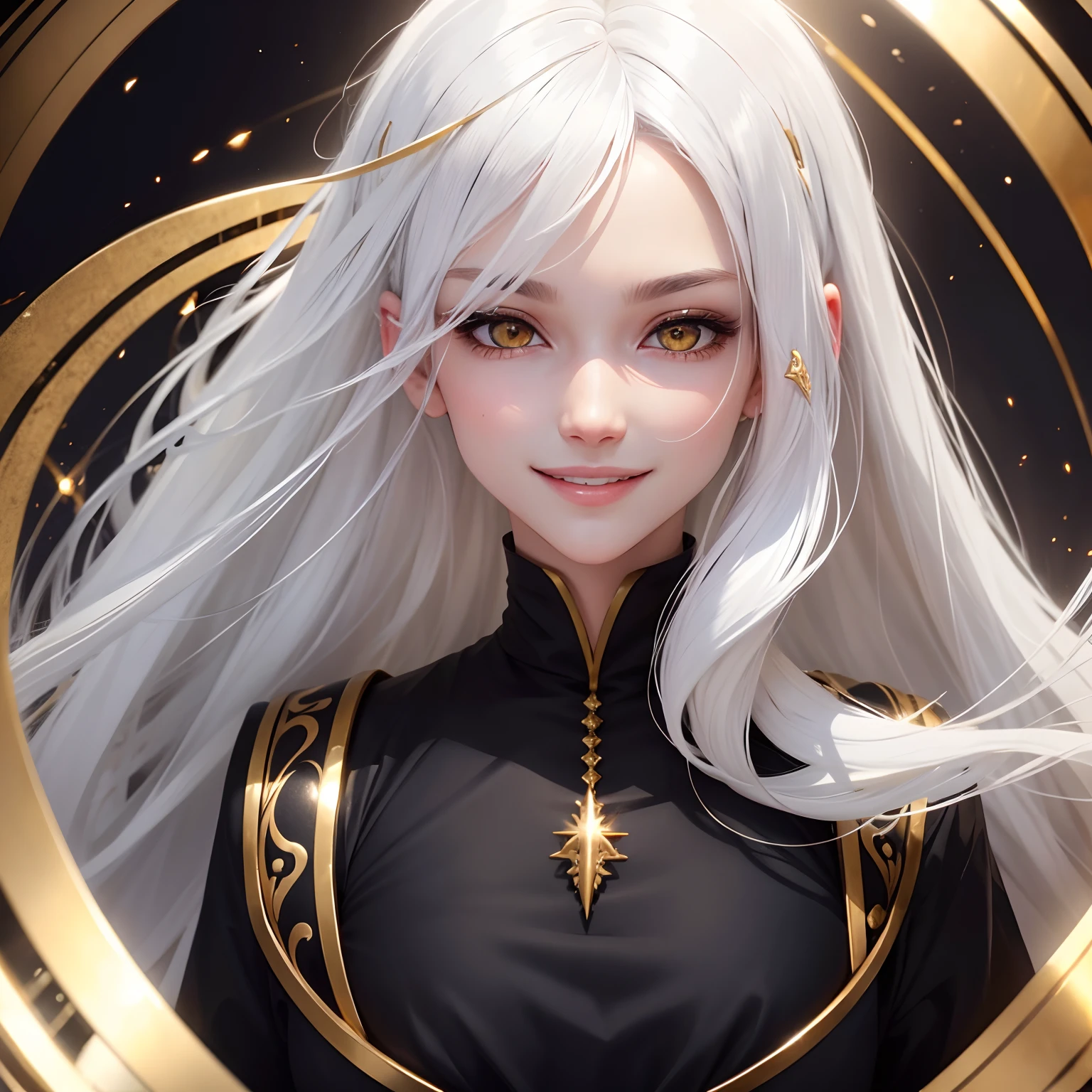 best quality, white hair, gold eyes, black clothes, hair strand, Fair skin, smiling