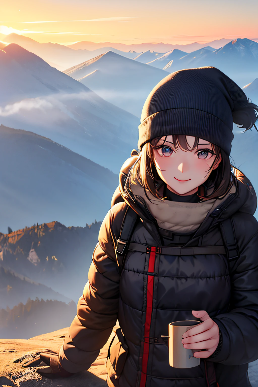 Autumn climbing,With a superb view from the summit in the background,Beautiful sunrise,Upper body selfie,Remove the beam from above,Backlighting,Generate images of beautiful girls around the world,Especially while reflecting elements of Western beauty.Girl with natural smile and attractive expression,Girl with natural smile and attractive expression,Transparent skin,sparkle in eyes,Expresses an elegant atmosphere,
Solo, backpack,knit hat,Sweaters,gloves,Mountain boots,water bottle,Camping stove,kettle,mug,strong wind blowing,blizzard,Hair fluttering in the storm,
(The 8k quality,masutepiece,top-quality,Ultra-high resolution output image,),(Highly detailed raw photos:1.3),(Image Mode Ultra HD),