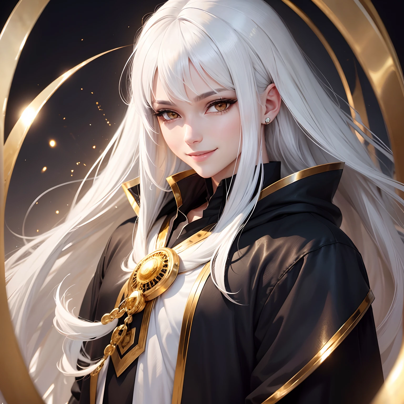 best quality, white hair, gold eyes, black clothes, hair strand, Fair skin, smiling