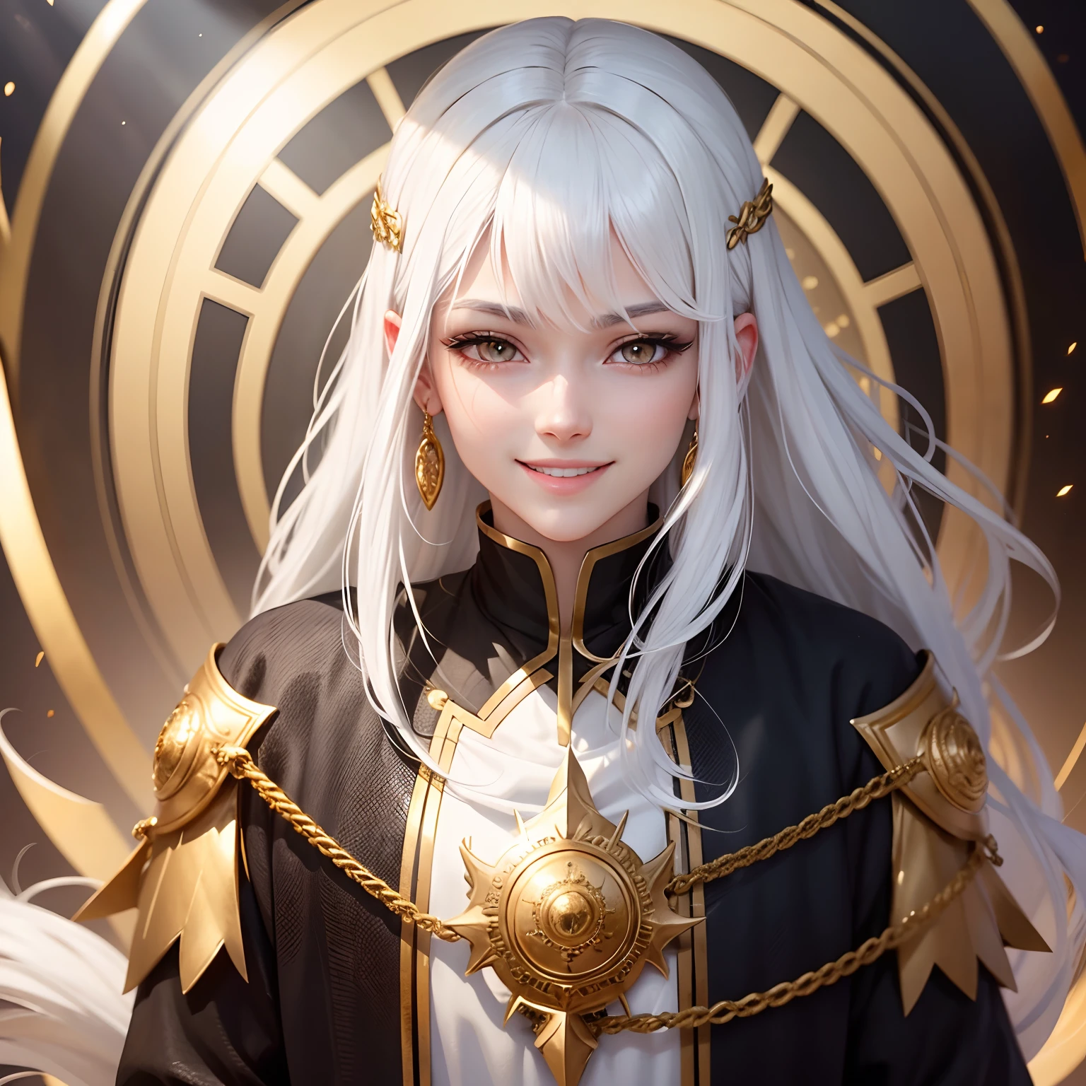 best quality, white hair, gold eyes, black clothes, hair strand, Fair skin, smiling