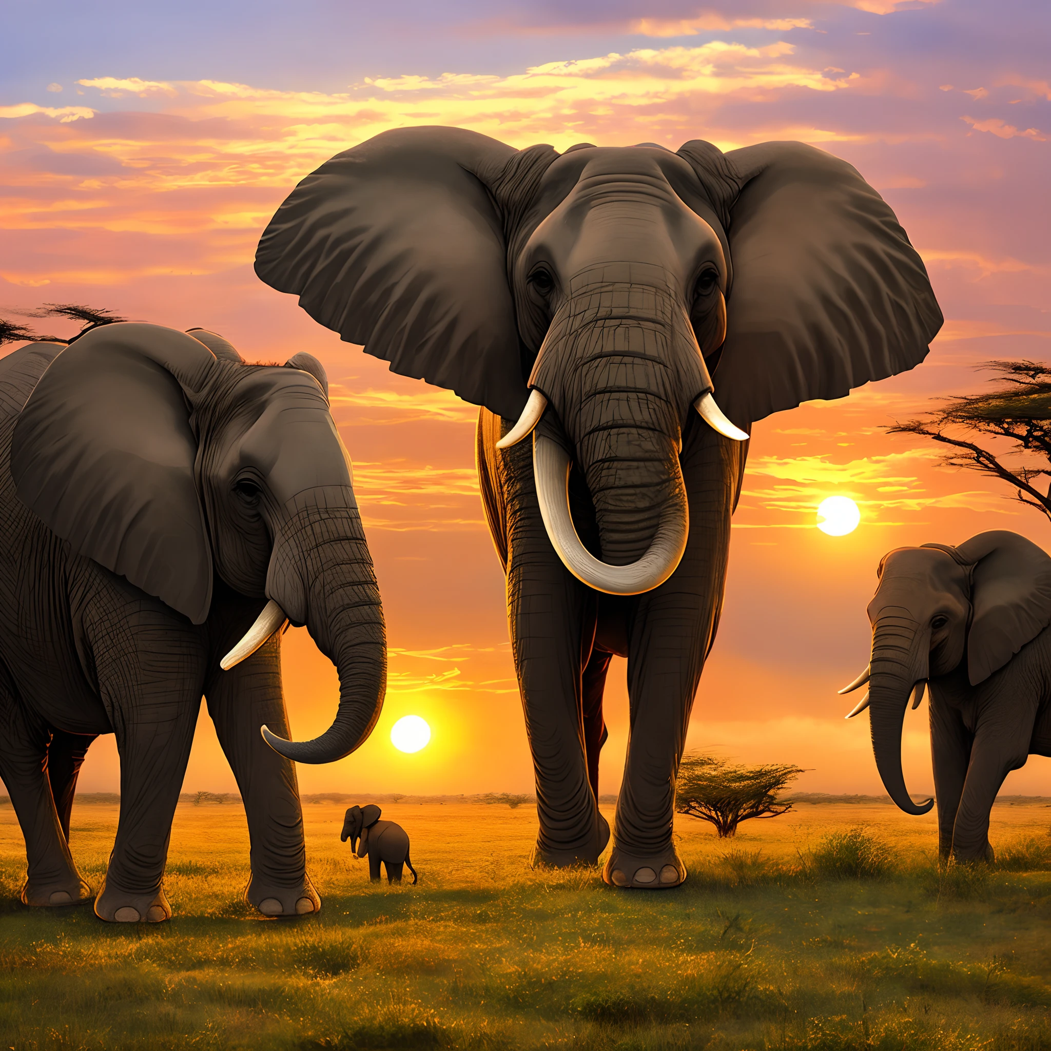 the grace and power of the African savannah to life with a stunning custom design featuring a majestic elephant against a breathtaking sunset backdrop