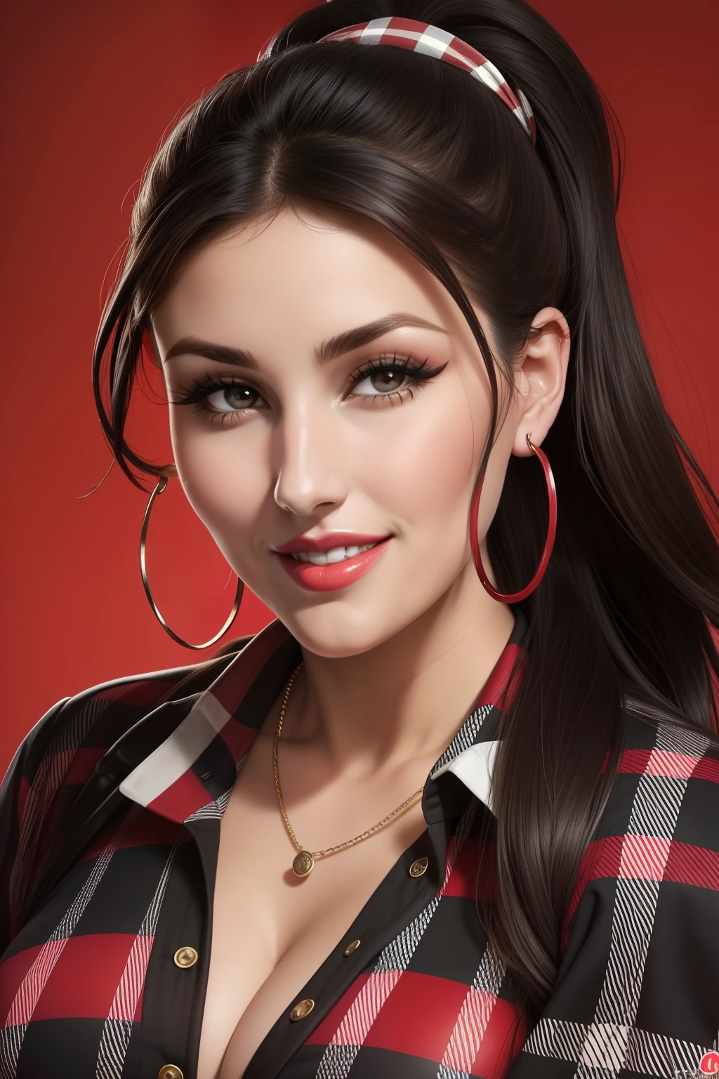Lucy Pinder, Face portrait, face, red lipstick, smiling, hoop earrings, black hair, ponytail, plaid blouse, very chubby woman.