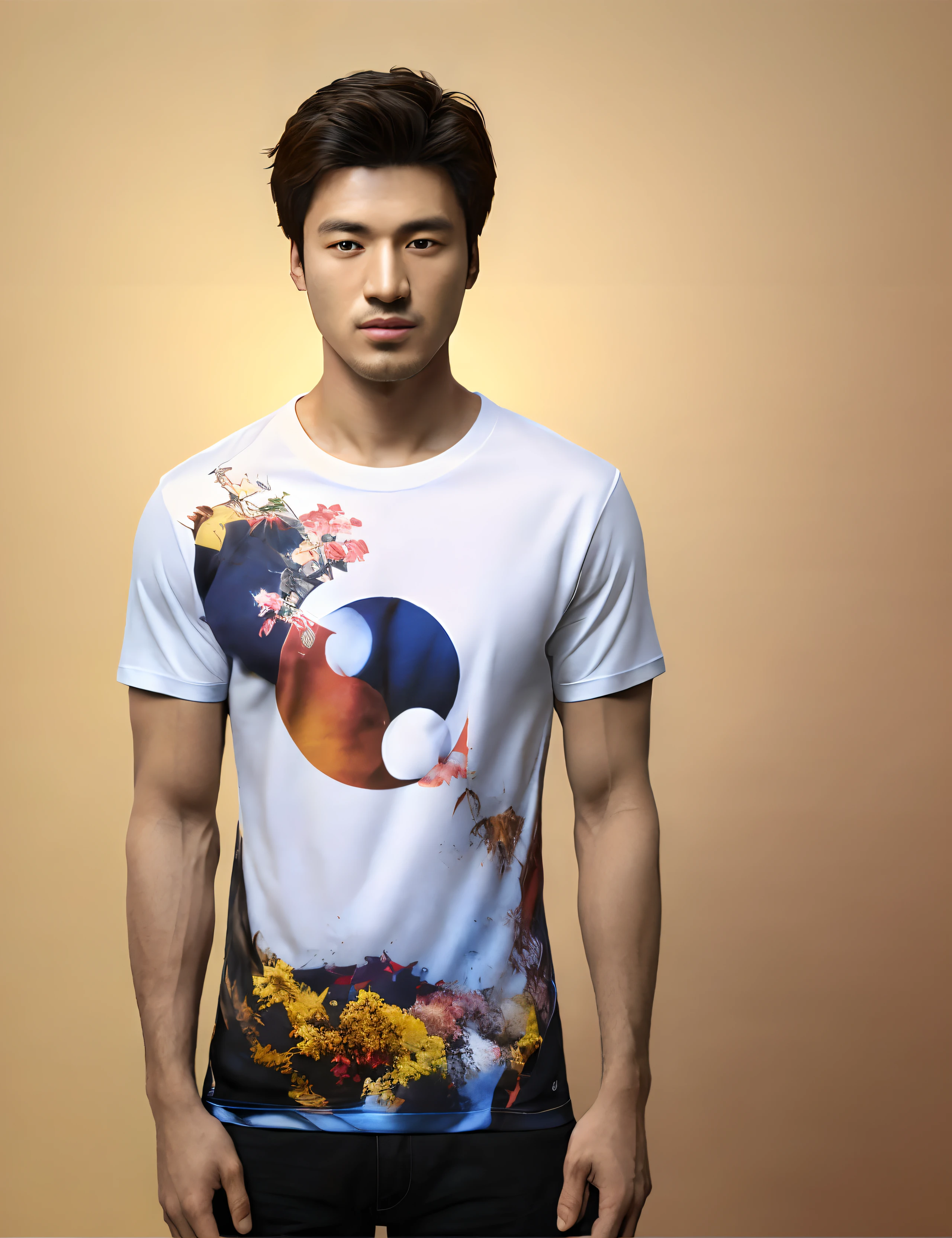 arafed man in a white shirt with a colorful design on it, south korean male, t shirt design, t-shirt design, t - shirt design, tshirt design, shirt design, inspired by Kim Hwan-gi, inspired by Xiao Yuncong, multicolored tshirt art, with 3 d render, with 3d render, a tshirt. blender art