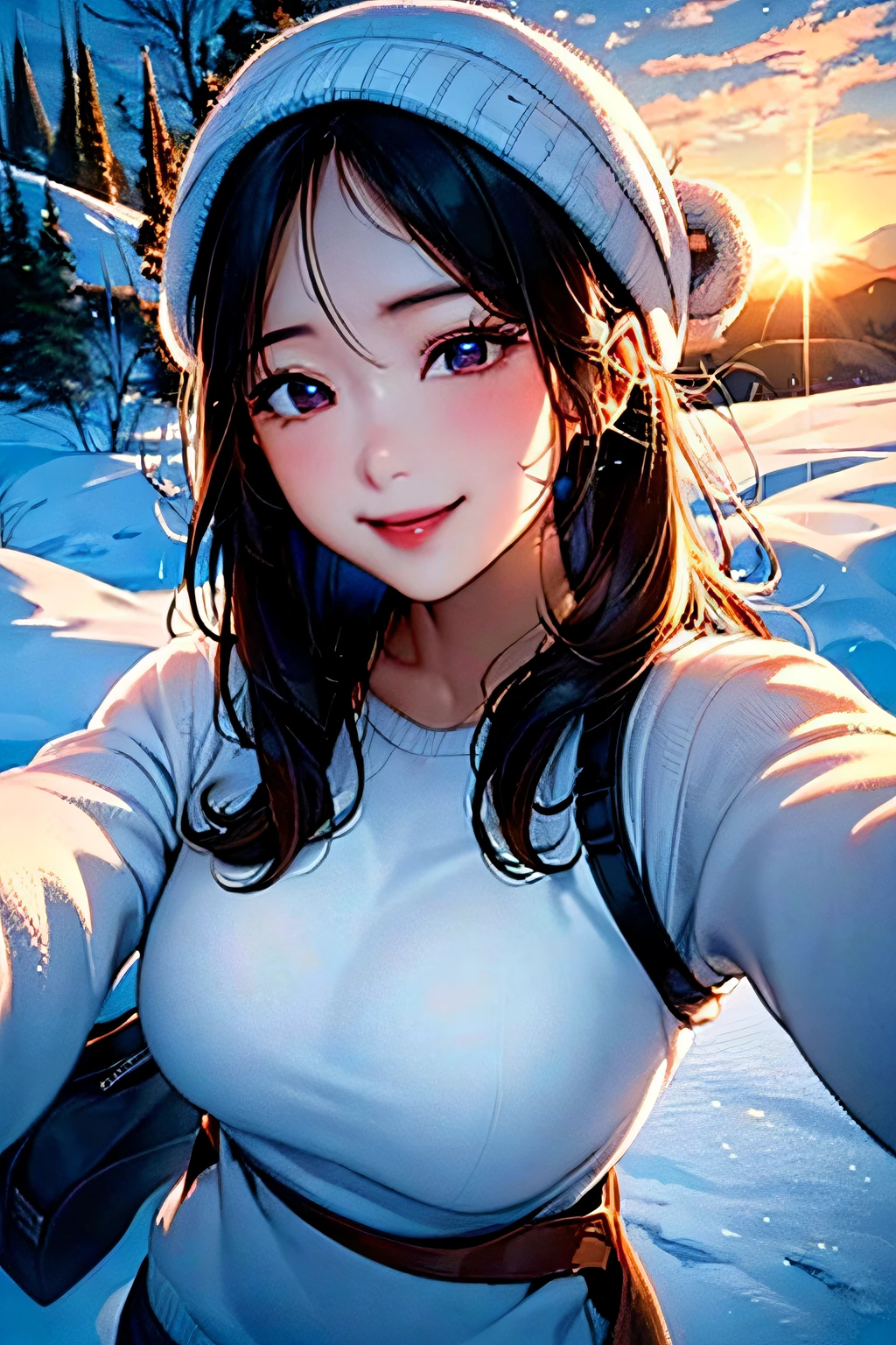 (Upper body selfie:1.3),Winter climbing,With a superb view from the summit in the background,Beautiful sunrise,Remove the beam from above,Backlighting,Generate images of beautiful women around the world,Especially while reflecting elements of Western beauty.Woman with natural smile and attractive expression,Woman with natural smile and attractive expression,Transparent skin,sparkle in eyes,Expresses an elegant atmosphere,,Solo, backpack,knit hat,Sweaters,gloves,Mountain boots,water bottle,Camping stove,kettle,mug,Single-person tent,strong wind blowing,blizzard,Hair fluttering in the storm,(The 8k quality,masutepiece,top-quality,Ultra-high resolution output image,),(Highly detailed raw photos:1.3),(Image Mode Ultra HD),Studio Ghibli style quality,