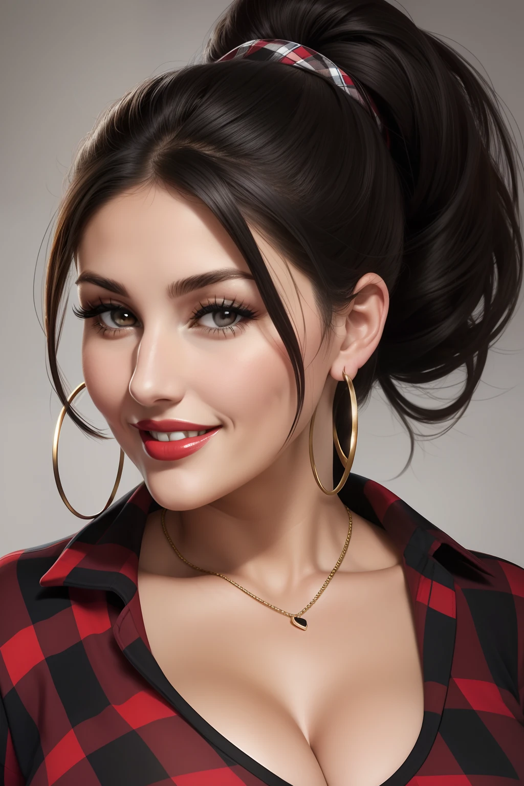 Lucy Pinder, Face portrait, face, cleavage, red lipstick, smiling, hoop earrings, black hair, ponytail, open plaid blouse, black t-shirt, very chubby woman.