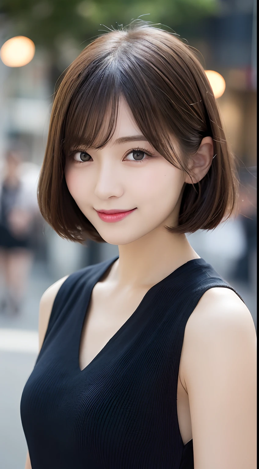 Cute 21 years old Japan、Shops、shopping、Super Detail Face、Eye of Detail、二重まぶた、beautiful thin nose、foco nítido:1.2、prety woman:1.4、(light brown hair,short-haired、),fair white skin、top-quality、​masterpiece、超A high resolution、(Photorealsitic:1.4)、Highly detailed and professional lighting smile、Cute autumn clothes、