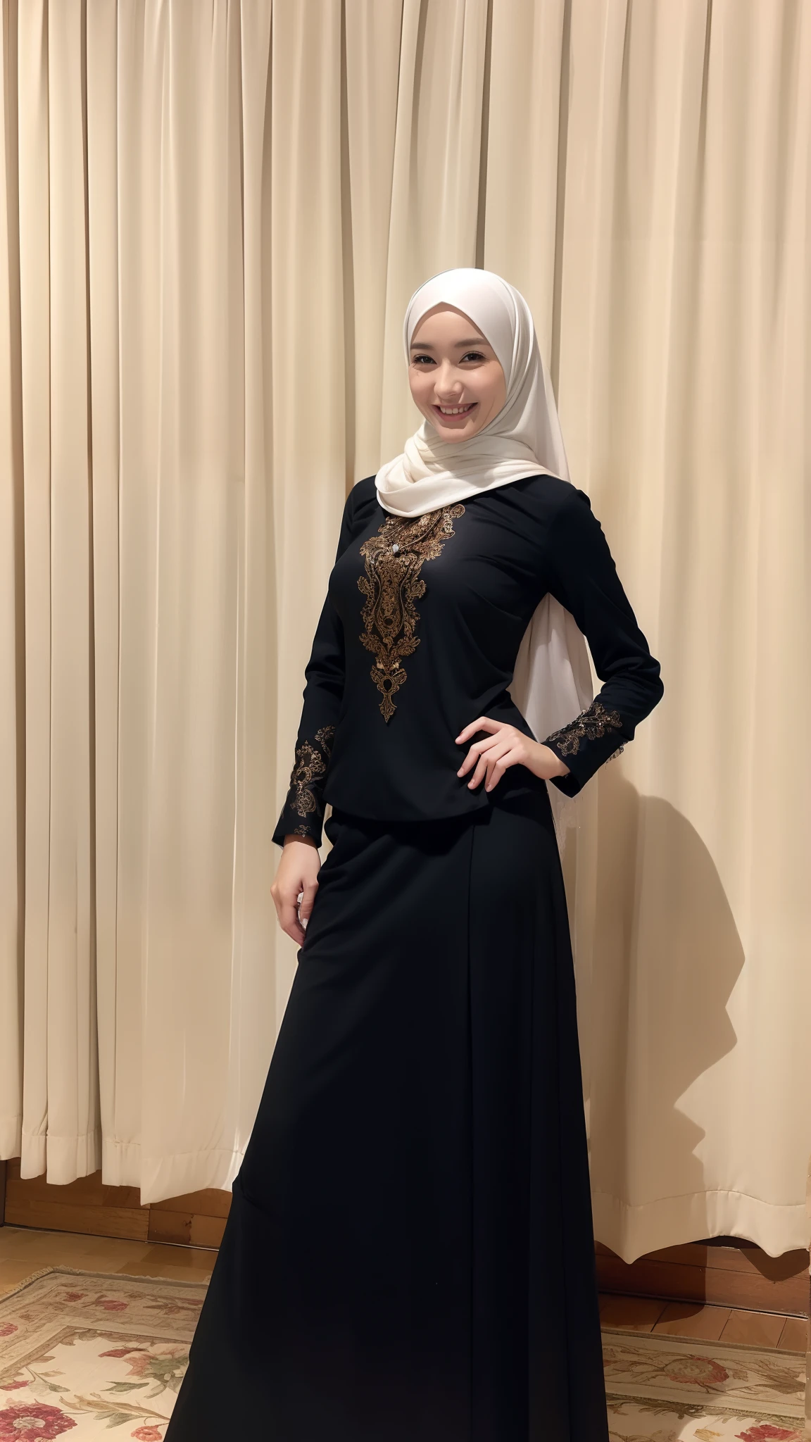 Mature and attractive woman, small waist, hijab, long sleeves blouse, long pants, covered clothes, body goals、A smile、​masterpiece、top-quality