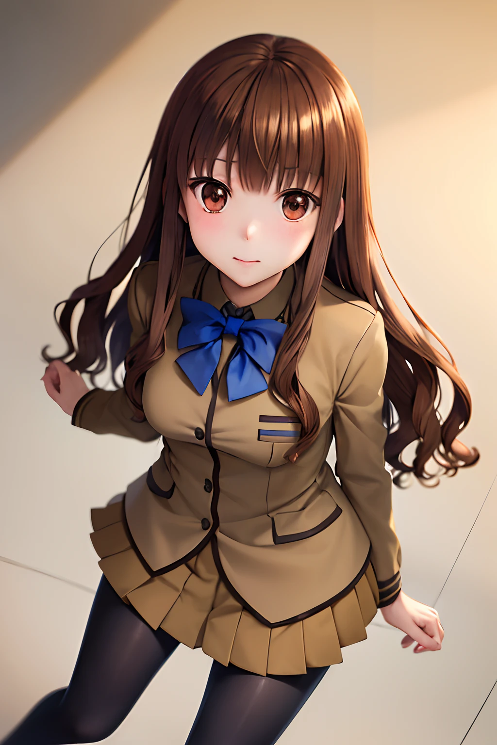 masutepiece, Best Quality, hight resolution, HMKH1, blue bowtie, blue bow, Brown skirt, Brown jacket, Black pantyhose, School uniform, Cowboy Shot, a miniskirt、Opening legs、Viewpoint looking up from the bottom