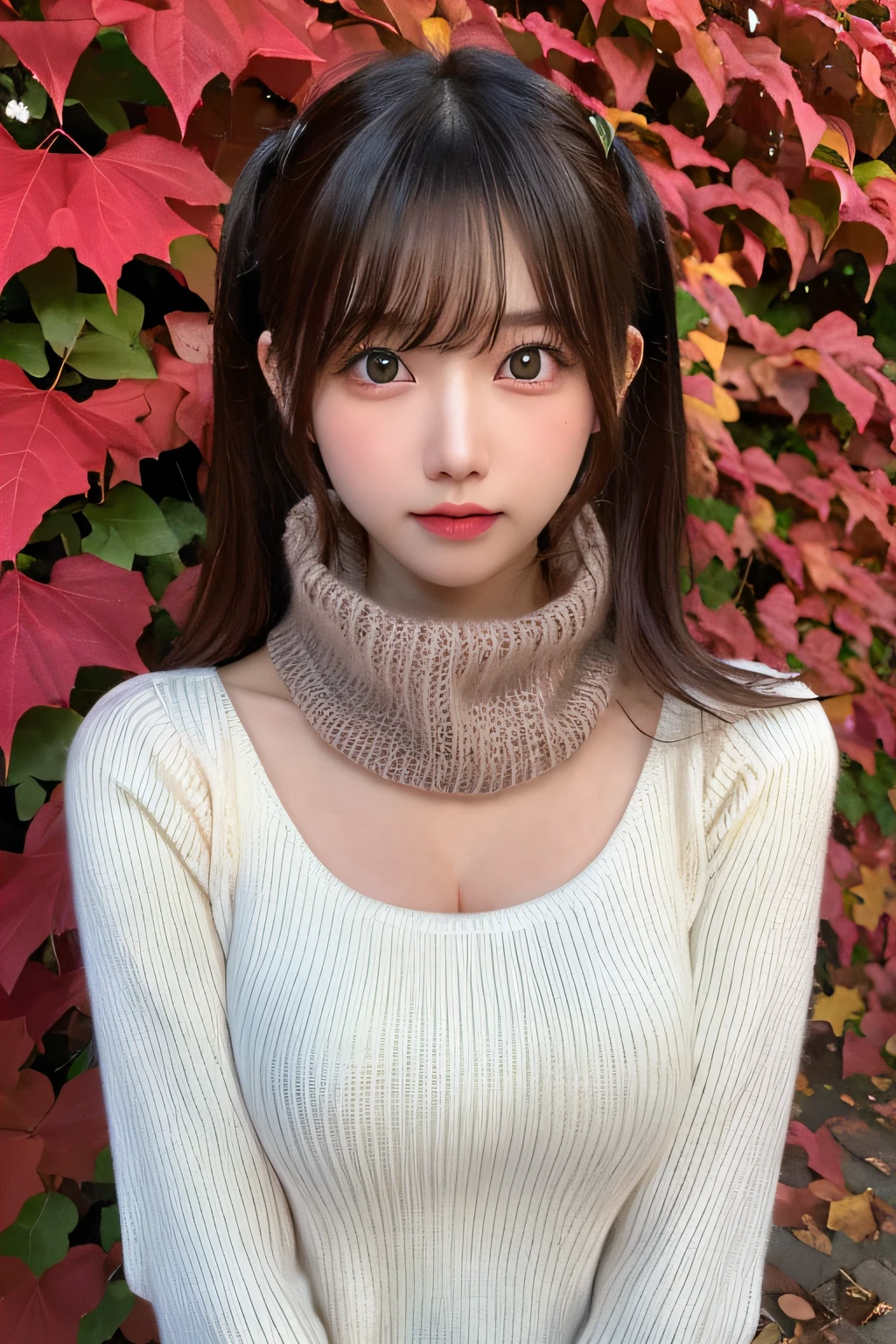 Masterpiece, Best Quality, One girl, (a beauty Girl, kawaii:1.3), (20 years old:1.3), Very fine eye definition, (Symmetrical eyes:1.3), (autumn leaves), (sweater, scarf:1.2), big breasts, big tits, big chested, double d tits size, show cleavage, Brown eyes, Parted bangs, Brown hair, girl