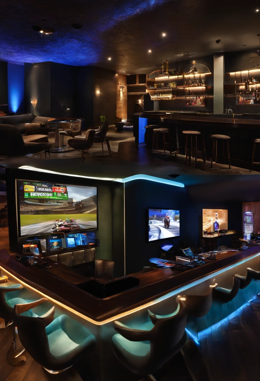 Video Game bar for gamers where customers can book times to play, compete and enjoy a great selection of games and drinks through our mobile app. I need a prototype pic for the gaming bar and another one for the app (do it with gaming consoles, led lights, something modern (and don't forget mobile app) make it realistic