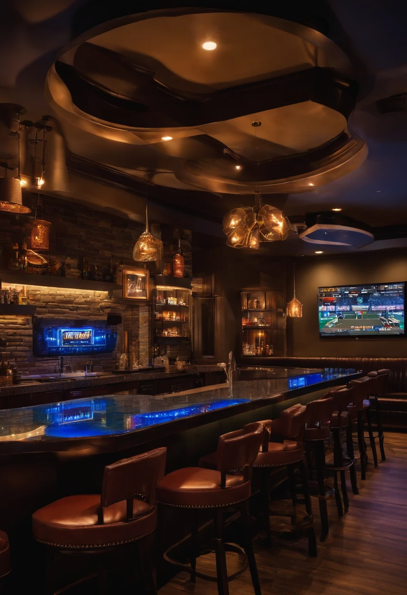 Video Game bar for gamers where customers can book times to play, compete and enjoy a great selection of games and drinks through our mobile app. I need a prototype pic for the gaming bar and another one for the app (do it with gaming consoles, led lights, something modern (and don't forget mobile app) make it realistic