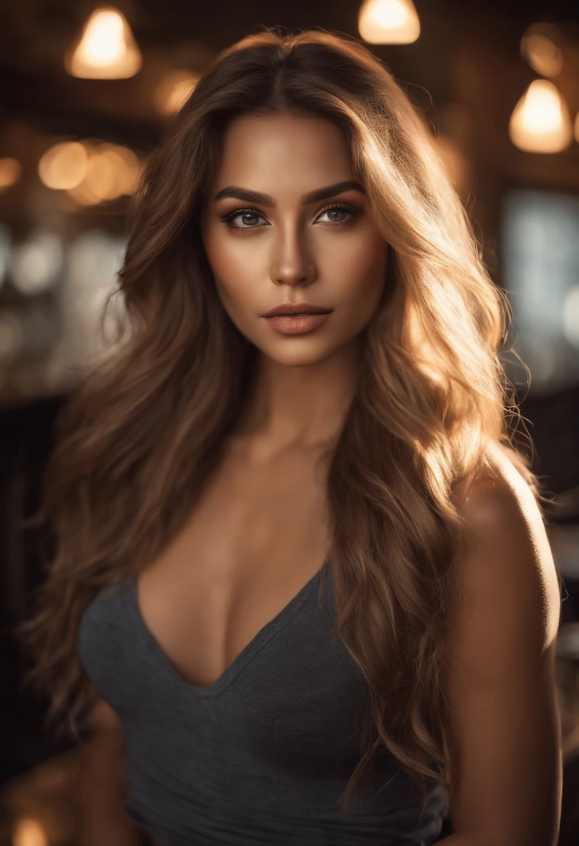 Natural photography of a beautiful girl, wearing a loose crop top, leaning over, long flowing hair, big bust, locks eyes into the camera, symmetrical eyes, symmetrical face, photorealistic, photography, path tracing, specular lighting, volumetric face light, path traced hair, visible shadows, intricate, elaborate,ultra detailed,realistic,in bar