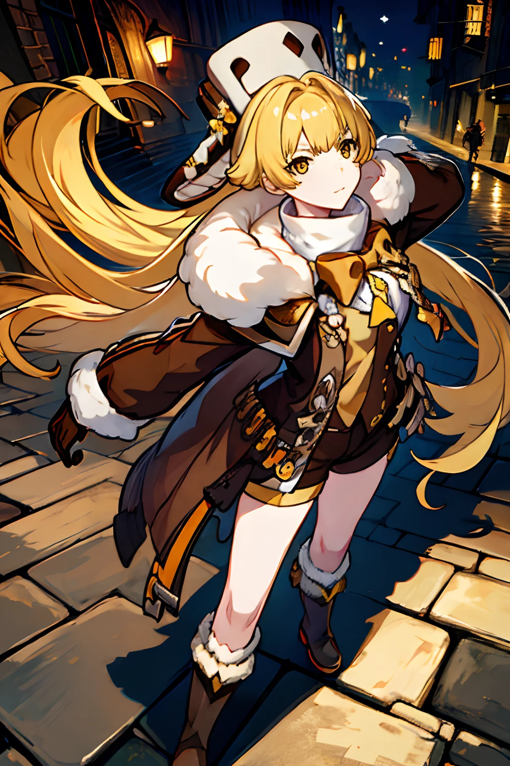 masterpiece, best quality, ((hook)), blonde hair, (yellow hair), gloves, yellow eyes, boots, 1girl, (fur trim), (jacket), bangs, bow, (fur hat), (shorts), looking at viewer, long hair, walking, solo focus, brown gloves, brown footwear, open clothes, long sleeves, full body, bowtie, tight shirt, (open jacket), (brown shorts), (brown jacket), (adult body), divine proportions, accurate proportions, large breasts, (sexy), (long sexy legs), slim build, tall, arched back, leg strap, angry, tsundere, dark alley, night, (cobblestone streets), soft orange lighting, dynamic perspective, night life, (8k), (best quality), (masterpiece: 1.2), (realistic), (photorealistic: 1.37), ultra detailed, one girl, viewer watching, full body, 28 years old.