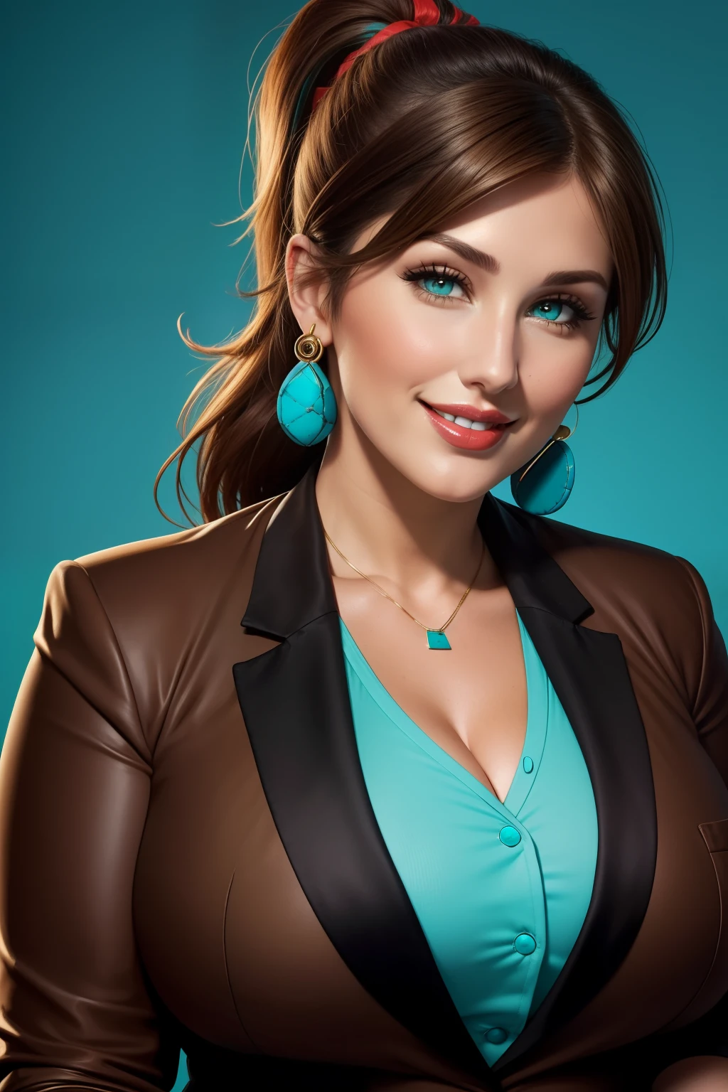 Lucy Pinder, Face portrait, face, cleavage, red lipstick, smiling, brown hair, ponytail, short hair, black t-shirt, ((turquoise blazer)), very chubby woman.