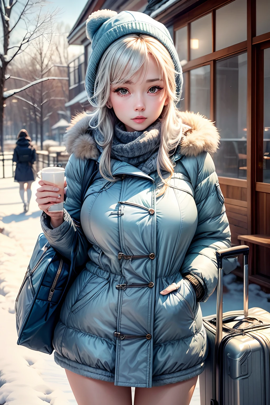 Make a woman with big breast, light blue long winterjacket , with open zipper, with face, body, Lakeside house, travel bag, dog Nude