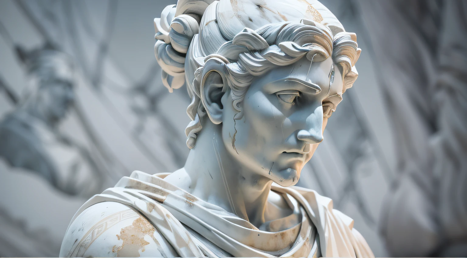 left: A realistic Greek bust, white marble statue of the philosopher Artemis wearing a ghostly toga, fundo escuro, Moody, stoic , fotorrealista, cinematographic scene, super detalhado, hyper realistic, luzes brilhantes, 8 mil, imagem escura, on the right to show the environment